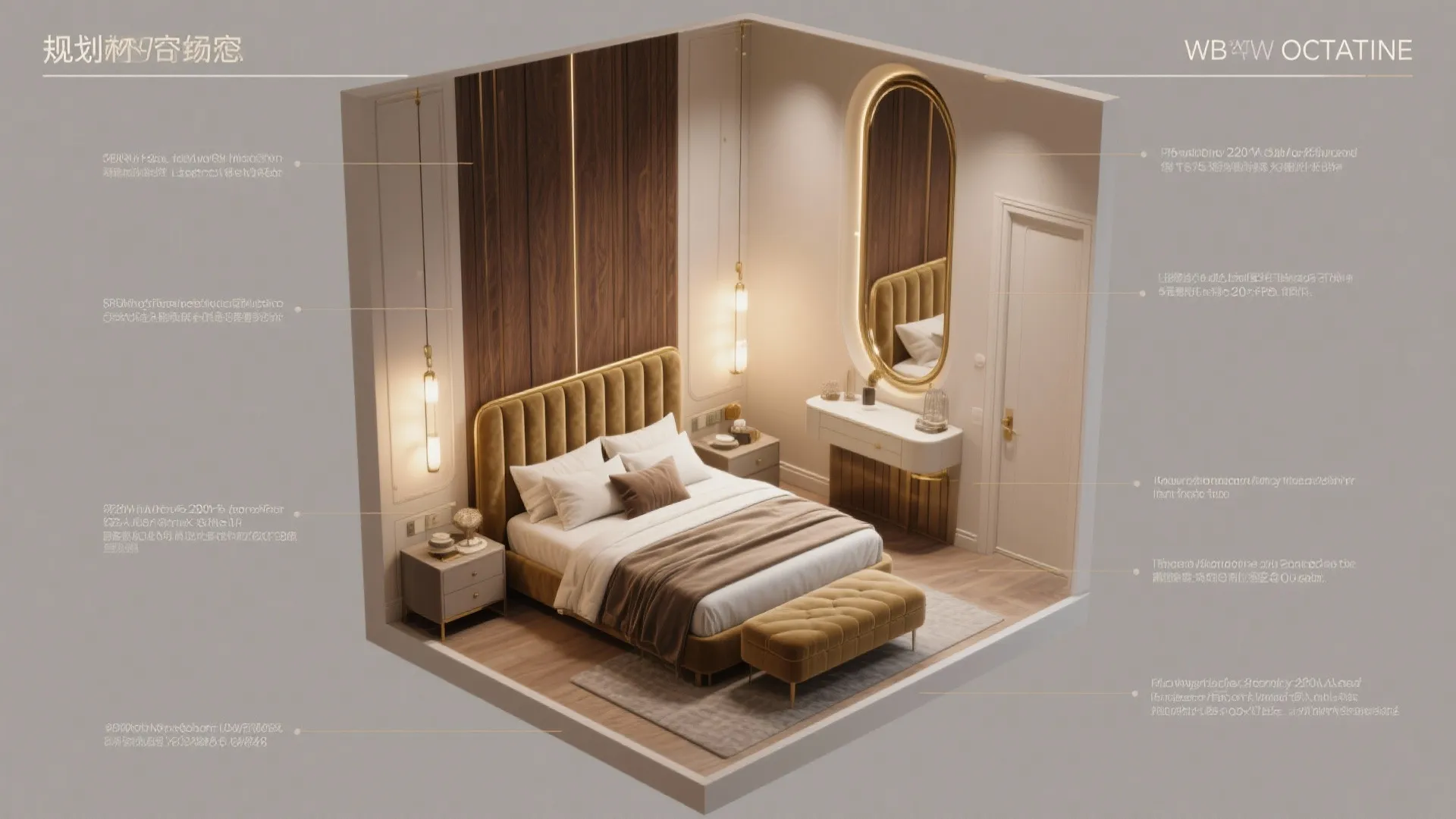 Modern bedroom interior design drawing with yellow bed, wooden wall panel, hanging light and mirror