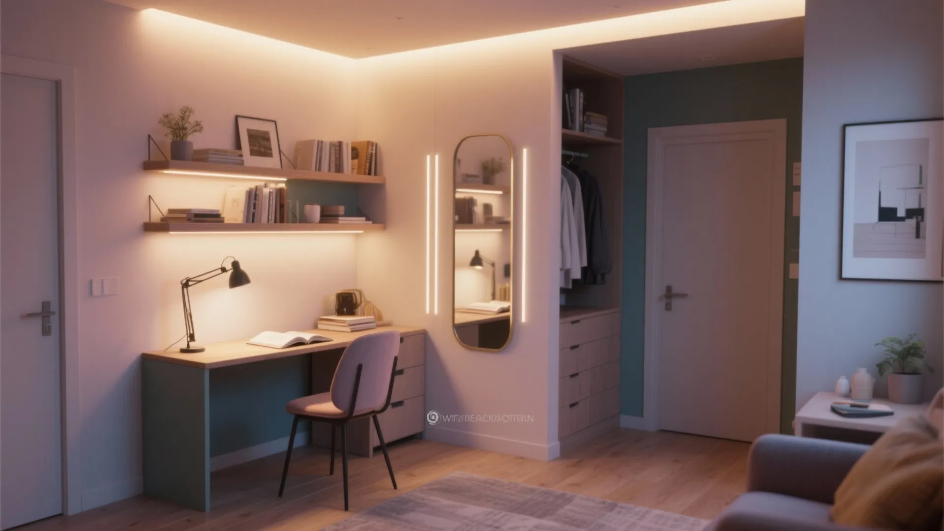 Small bedroom corner showing layered lighting, mirrors, and wall-mounted storage for small-space tips.