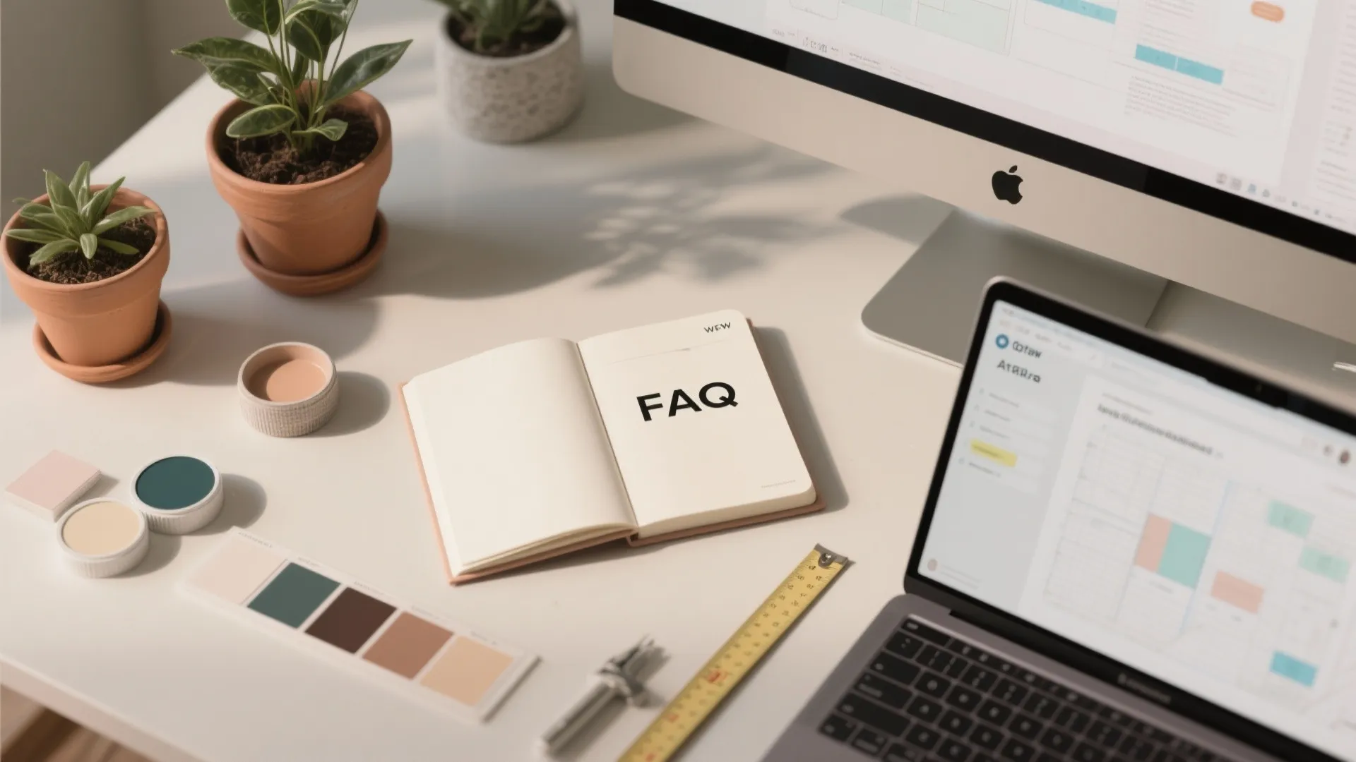 Flatlay of FAQ booklet, plant samples, paint chips and a laptop planner illustrating common spring refresh questions.