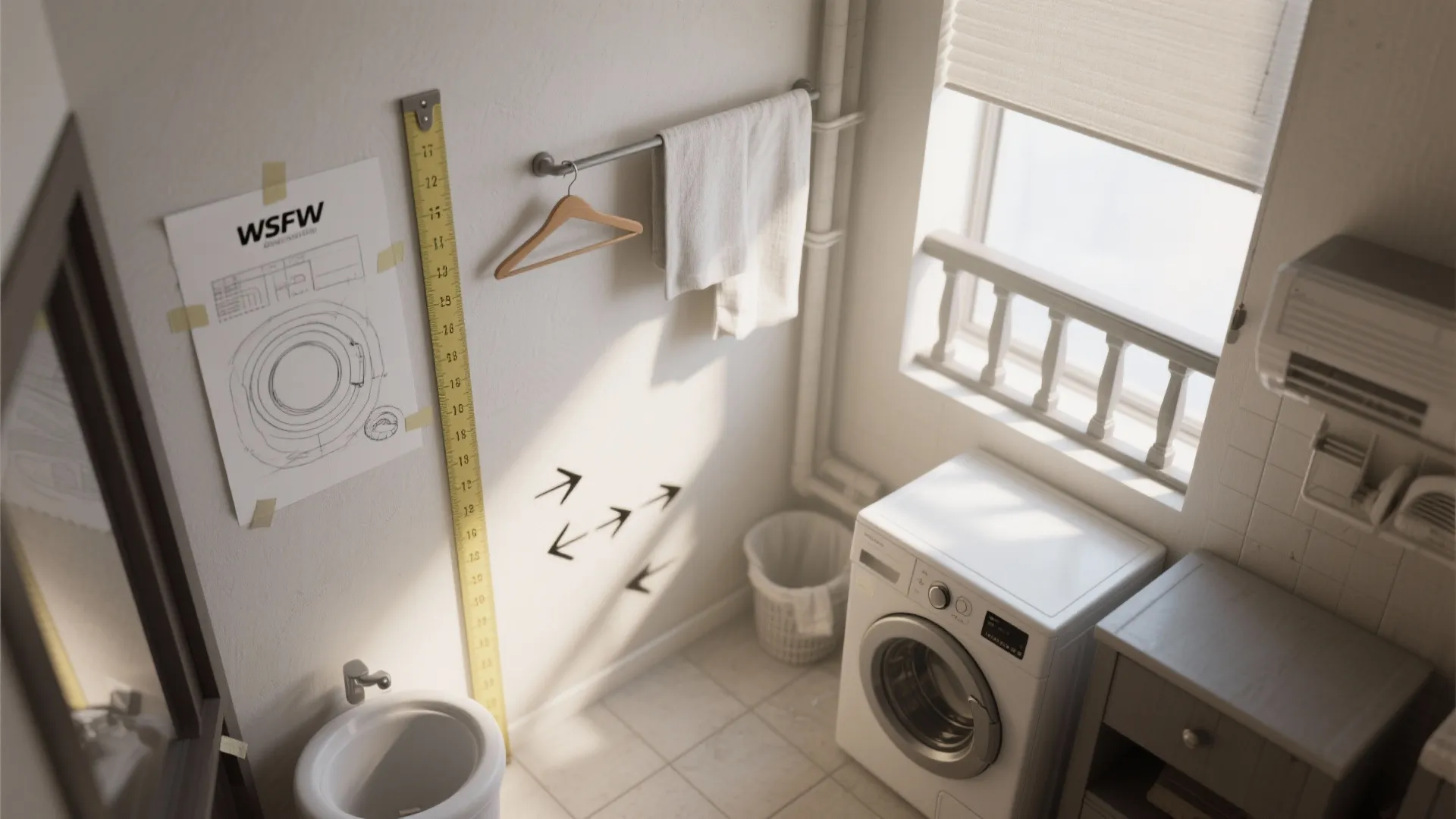 Small laundry room layout with washing machine white walls towel rack and a measuring tape