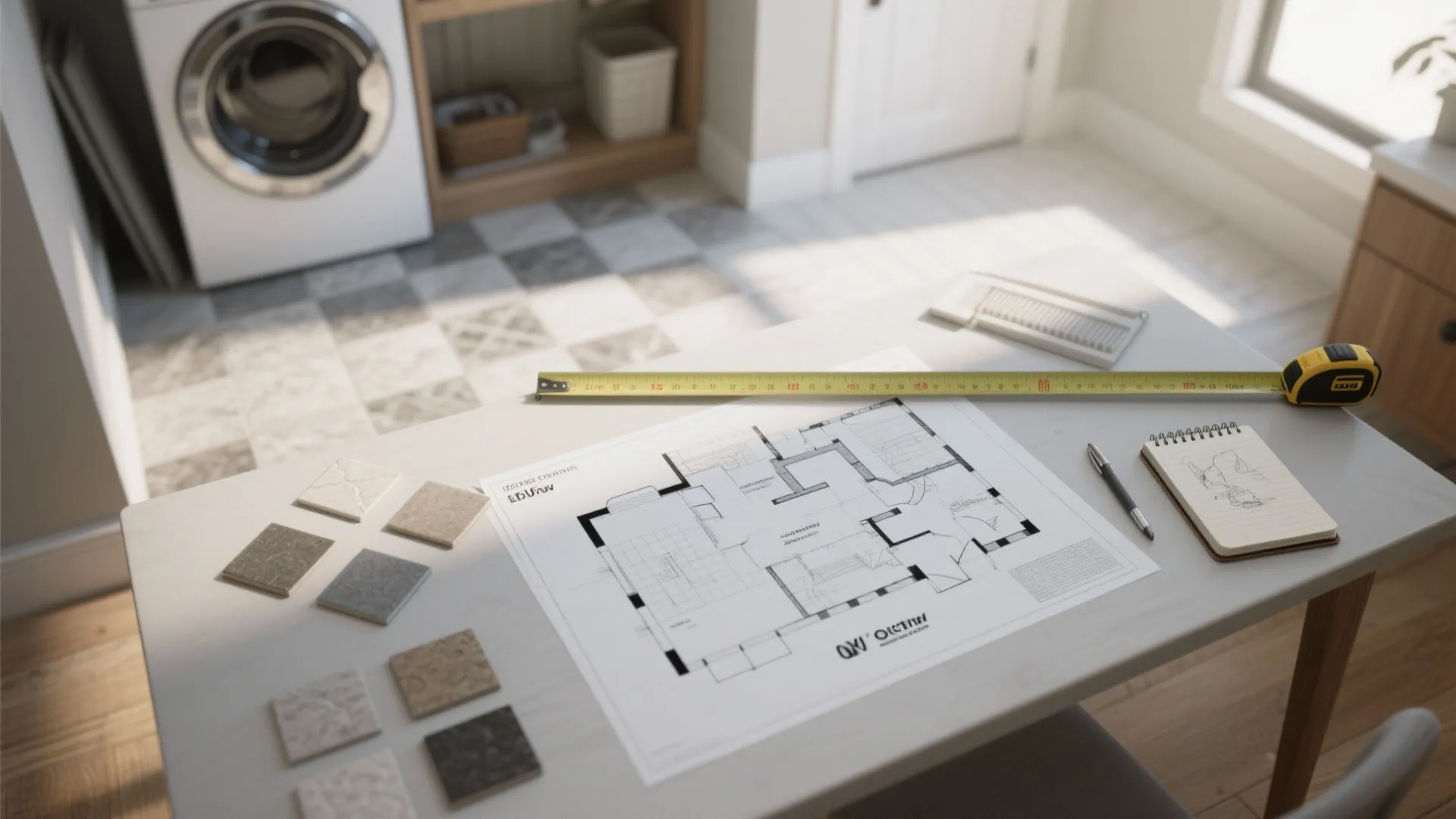 Interior design drawing on desk with a measuring tape tile samples notebook and a pen