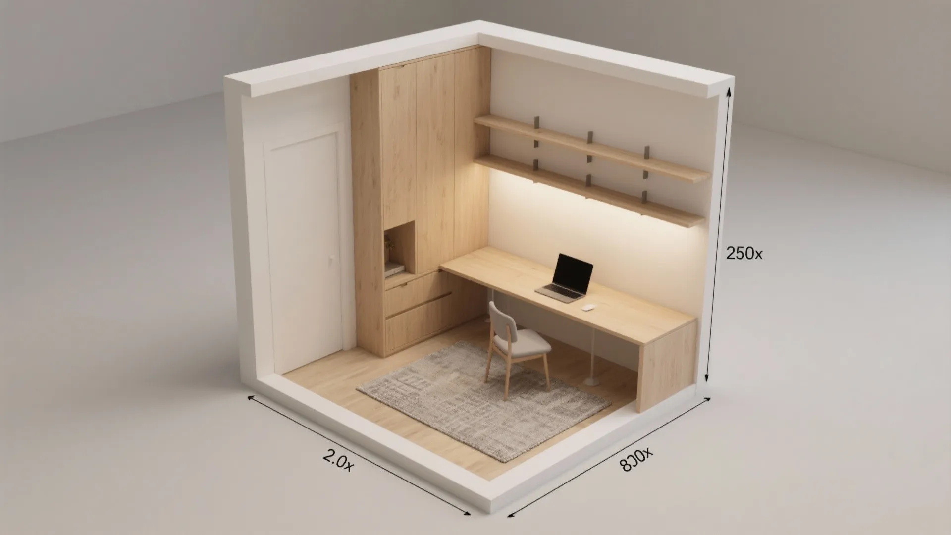 Interior design drawing showing small room layout with wooden desk, cabinet, and laptop on table