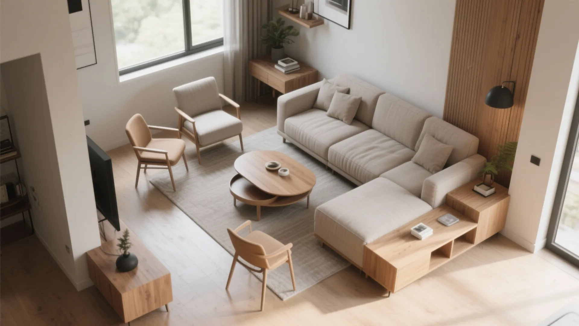 Interior design drawing of a living room showing large sofa wooden table and three chairs