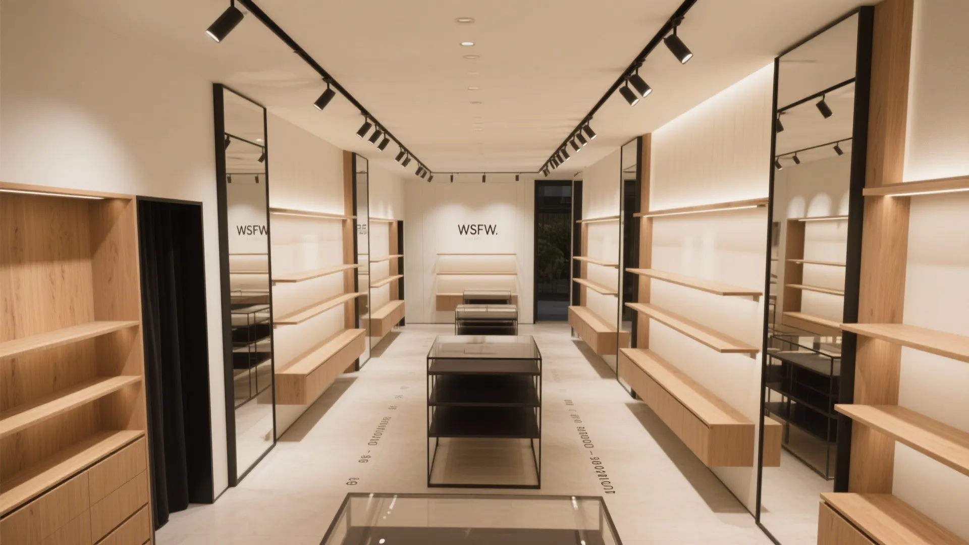 Modern retail store layout with empty wooden shelves black display tables mirrors and black ceiling lights