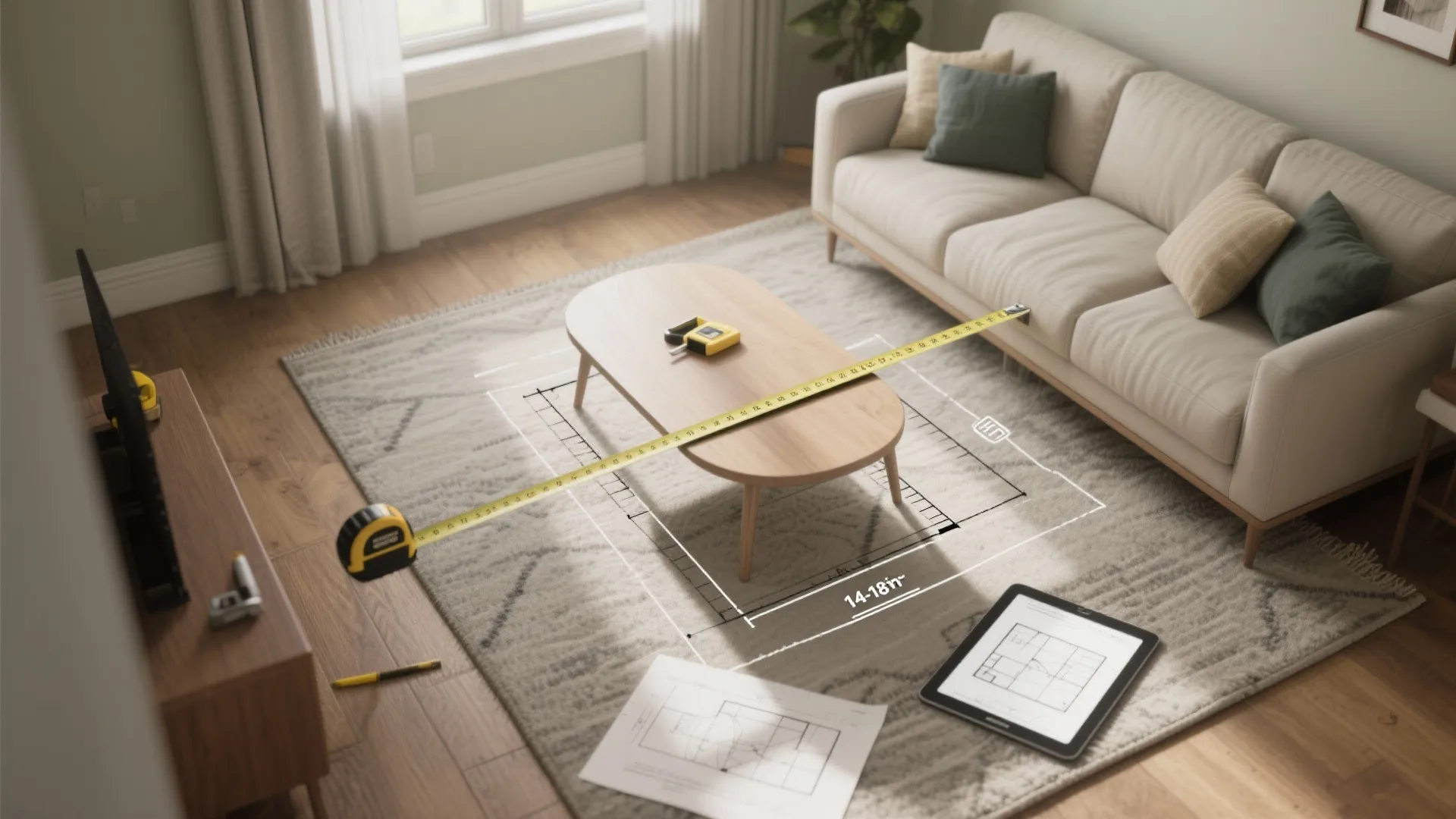 Measuring distance between a cream sofa and wooden coffee table using a yellow tape measure