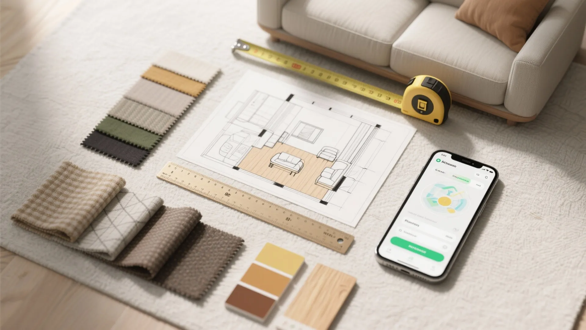 Interior design drawing with fabric samples measuring tape ruler and smartphone on a white textured rug