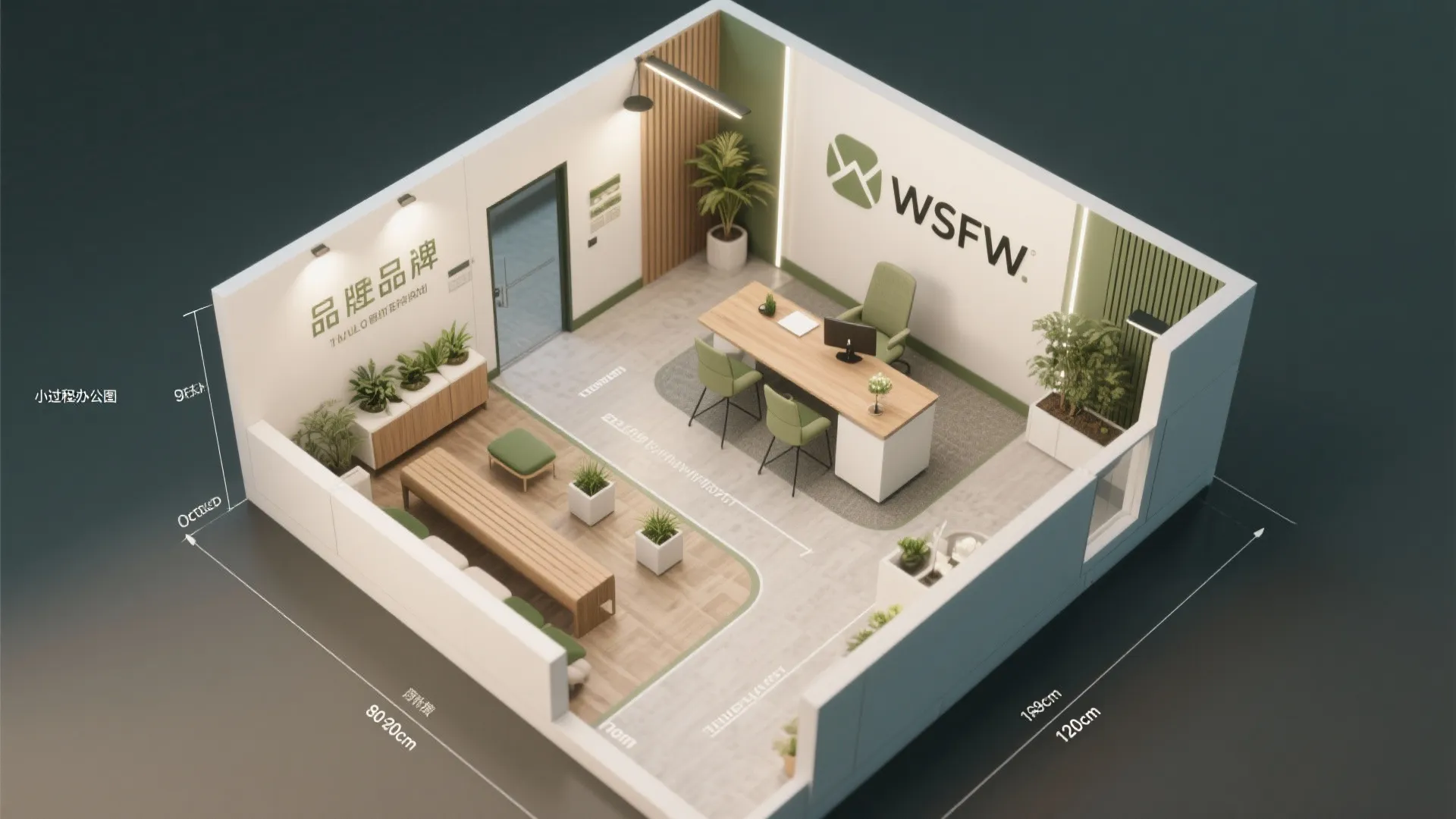 Interior design drawing of a small office layout with wooden desk chairs and green plants