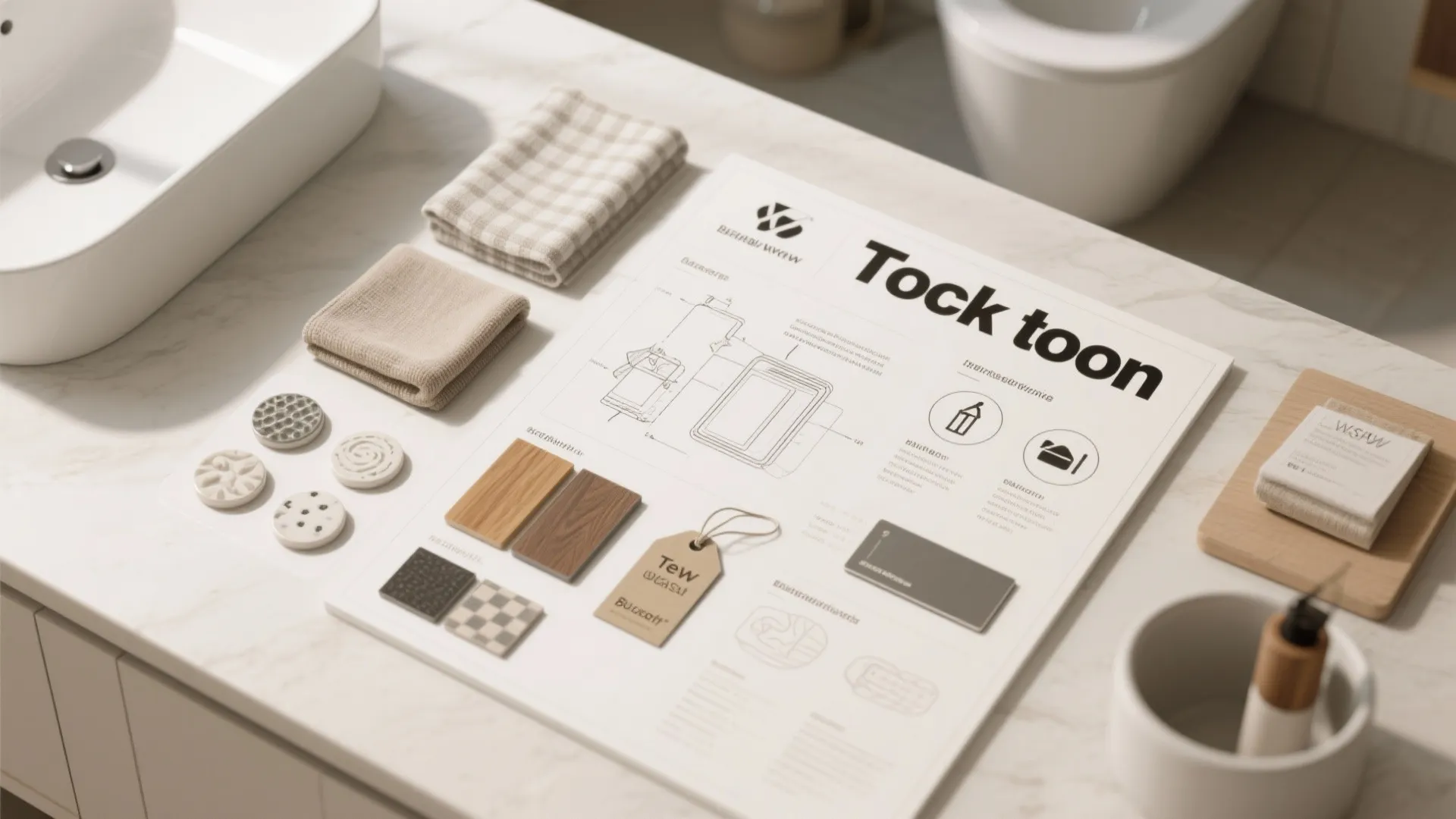 Top-down layout of bathroom decor toolkit with material swatches, small diagrams and sample textiles.