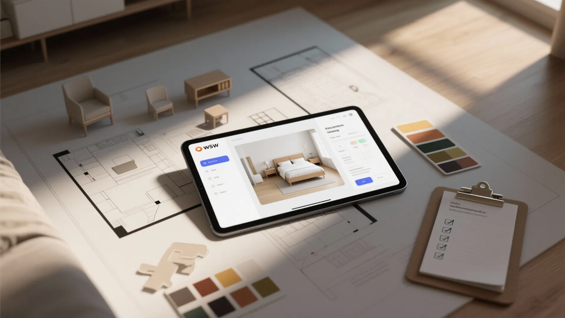 Tablet showing bedroom design on table with paper room layout color samples and small furniture