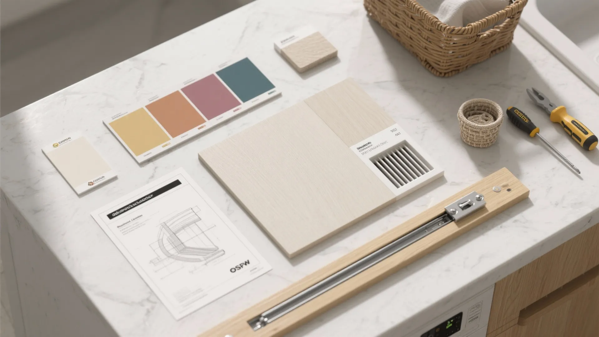 Top-down flatlay of paint swatches, countertop sample, hardware slides and venting diagram for small laundry planning.