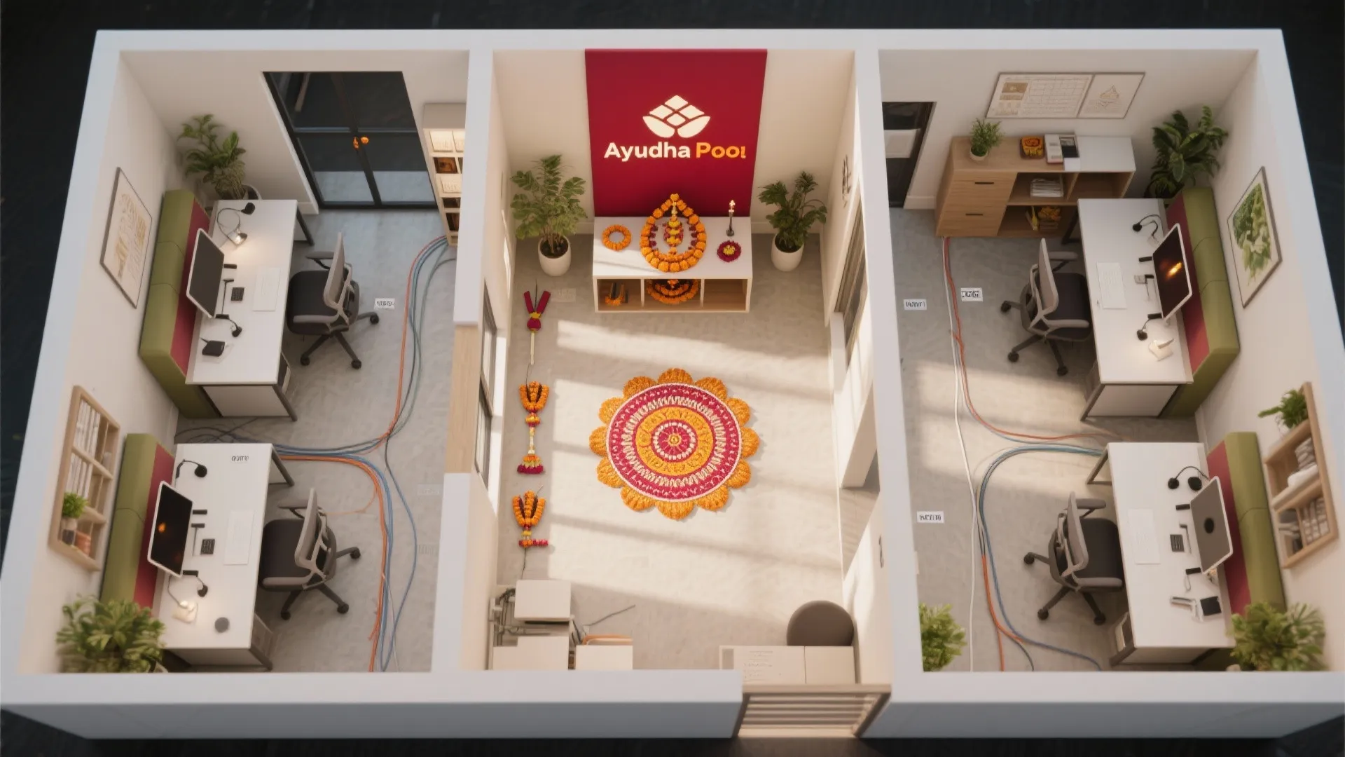 Interior design drawing showing a three room office layout with desks chairs and colorful floor decorations