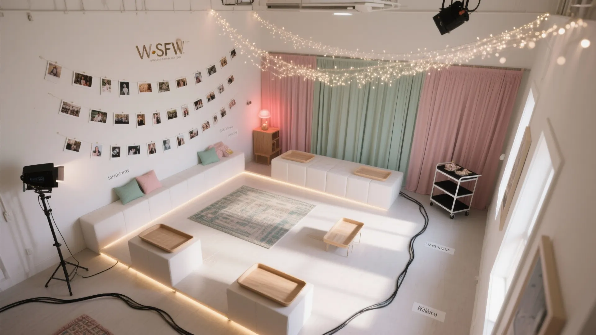 Studio interior design drawing with photo wall pink curtains white seating area and string lights