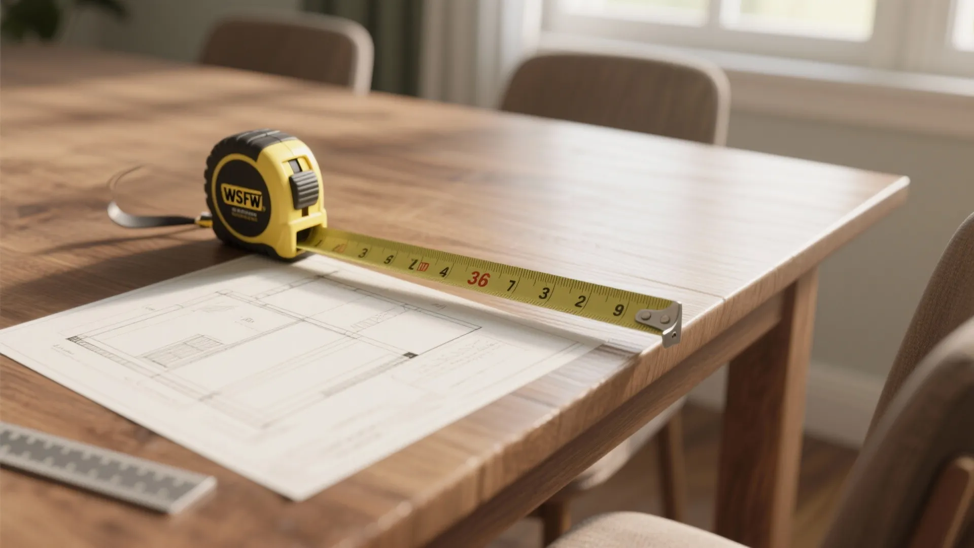 Macro shot of a tape measure and layout sketch showing recommended 36-inch clearance around a dining table.