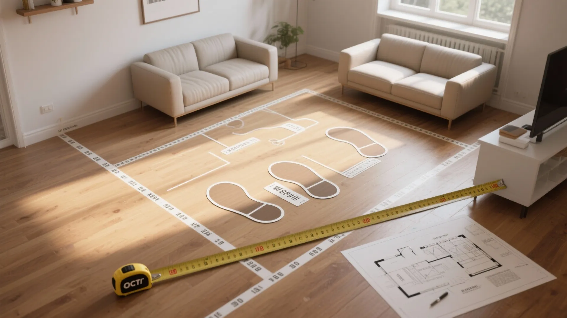 Living room floor with measuring tape and paper plan showing layout marked with white tape