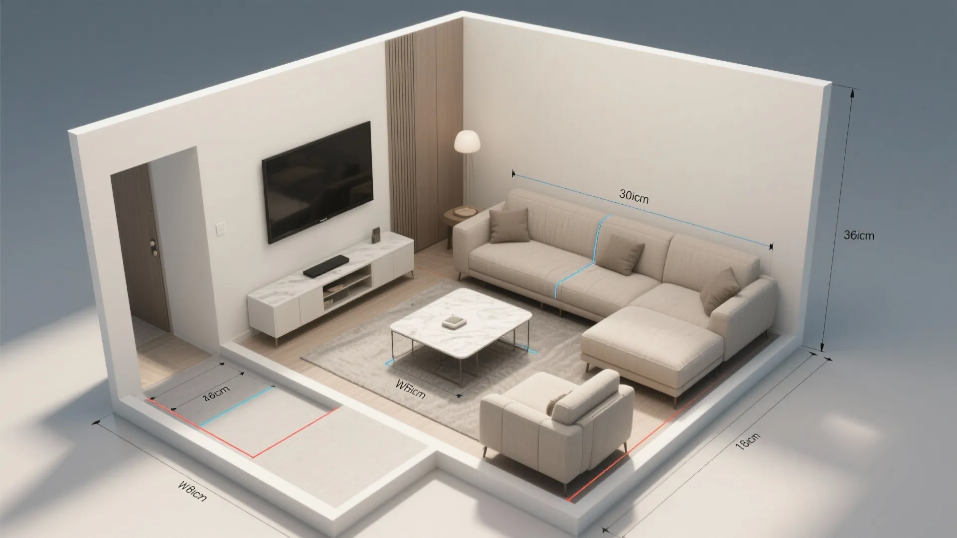 3D interior design drawing showing living room with sofa, television, and measurements for room layout