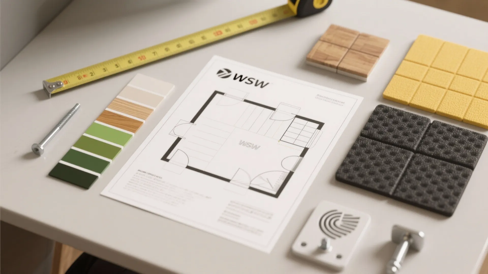 Interior design drawing on a table with measuring tape color swatches and various building materials