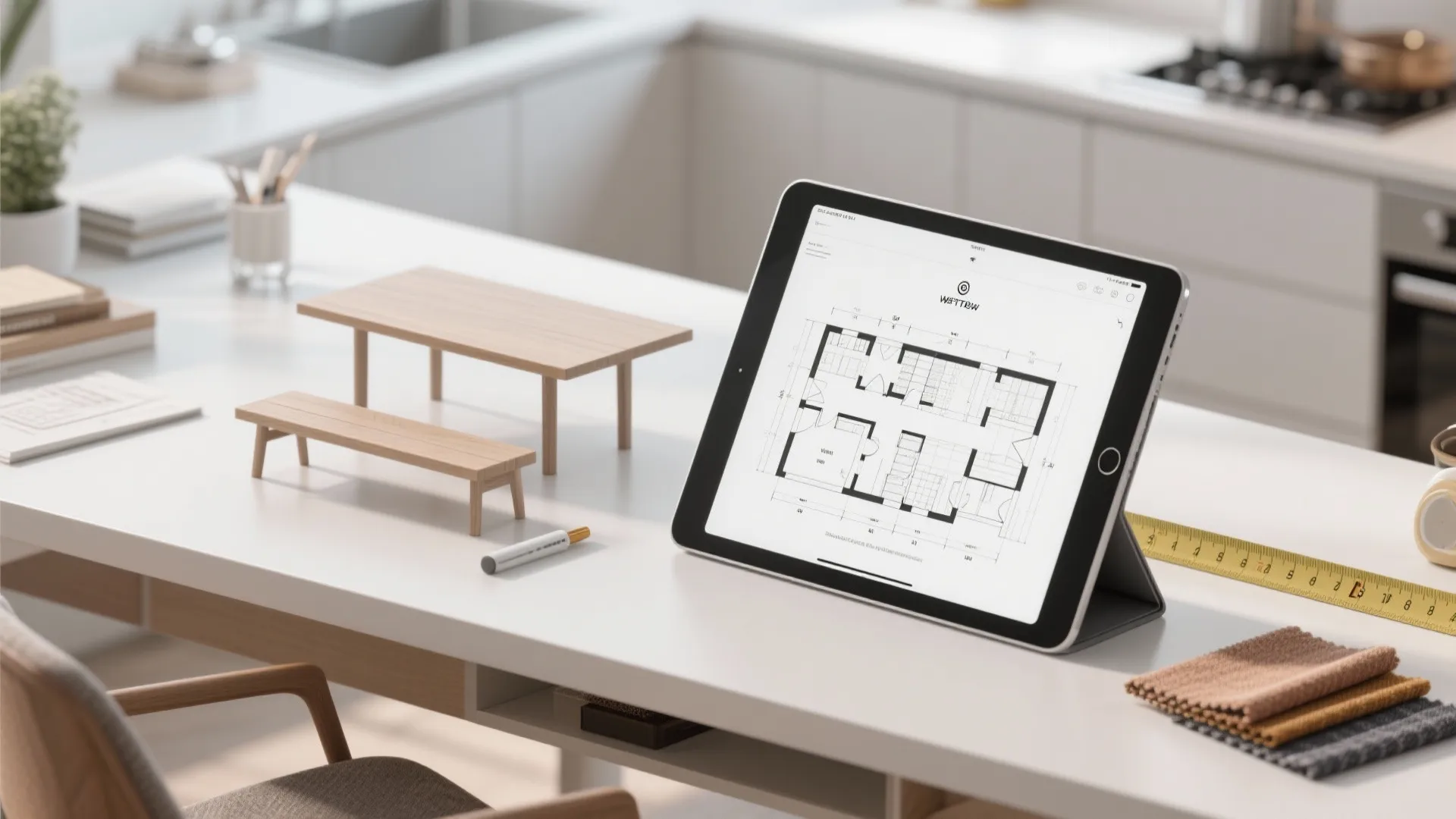 Tablet showing 2D floor plan on kitchen counter with small furniture models and design tools