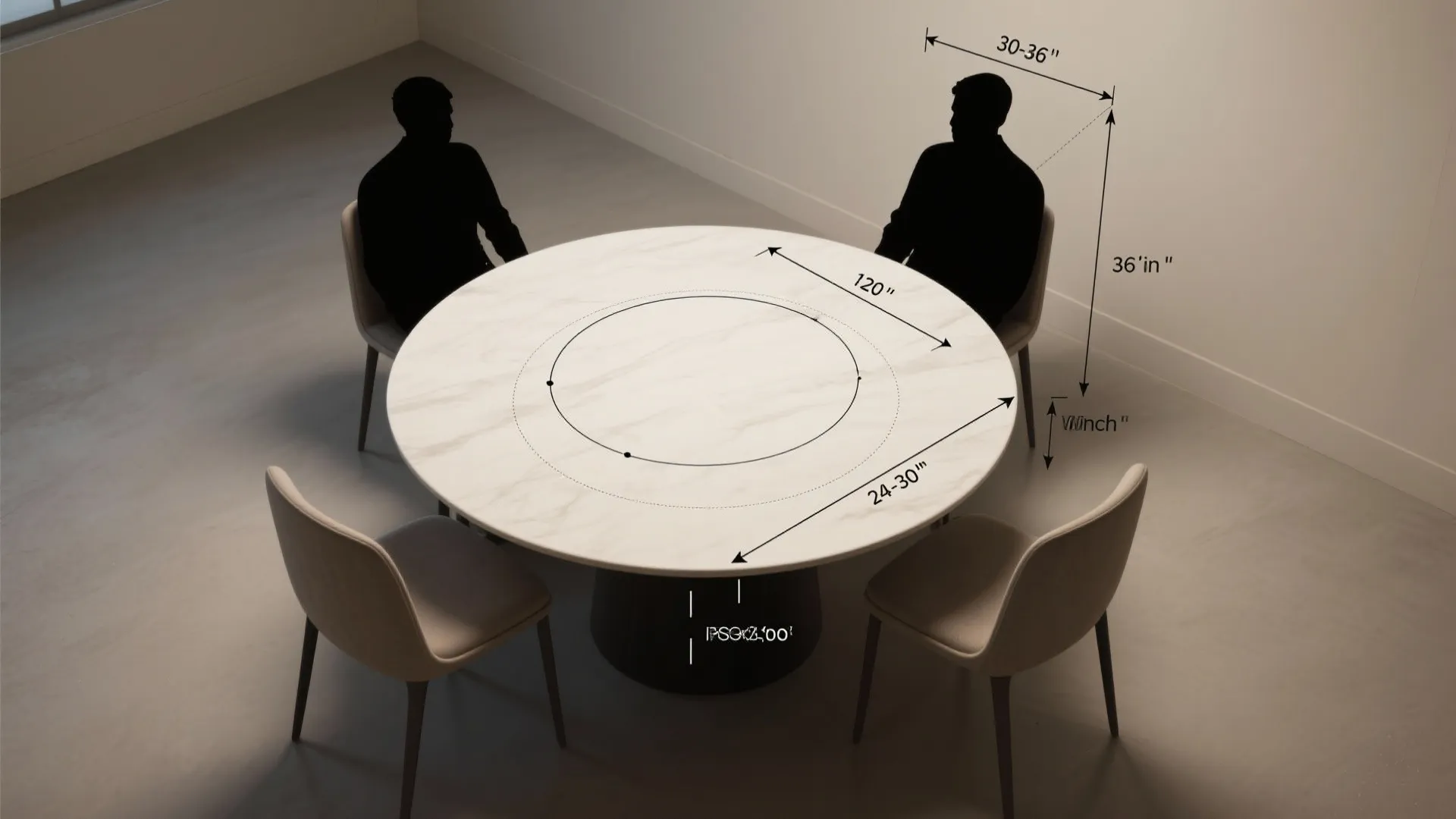 Dining room layout drawing with round marble table and chairs showing size and space measurements
