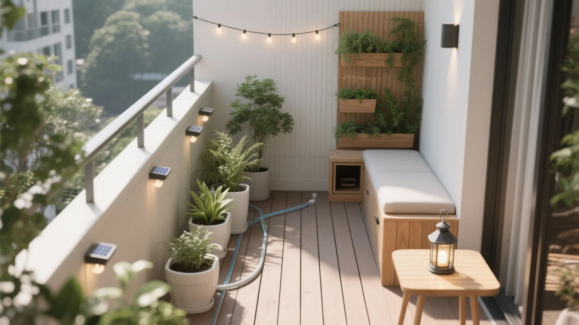 Small balcony design with wooden storage bench string lights potted plants and white wall light fixtures