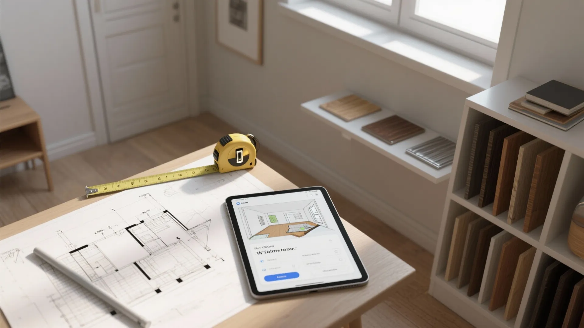 Top-down view of planning materials, sketches and a tablet showing a room planner app used for small bookcase design decisions.