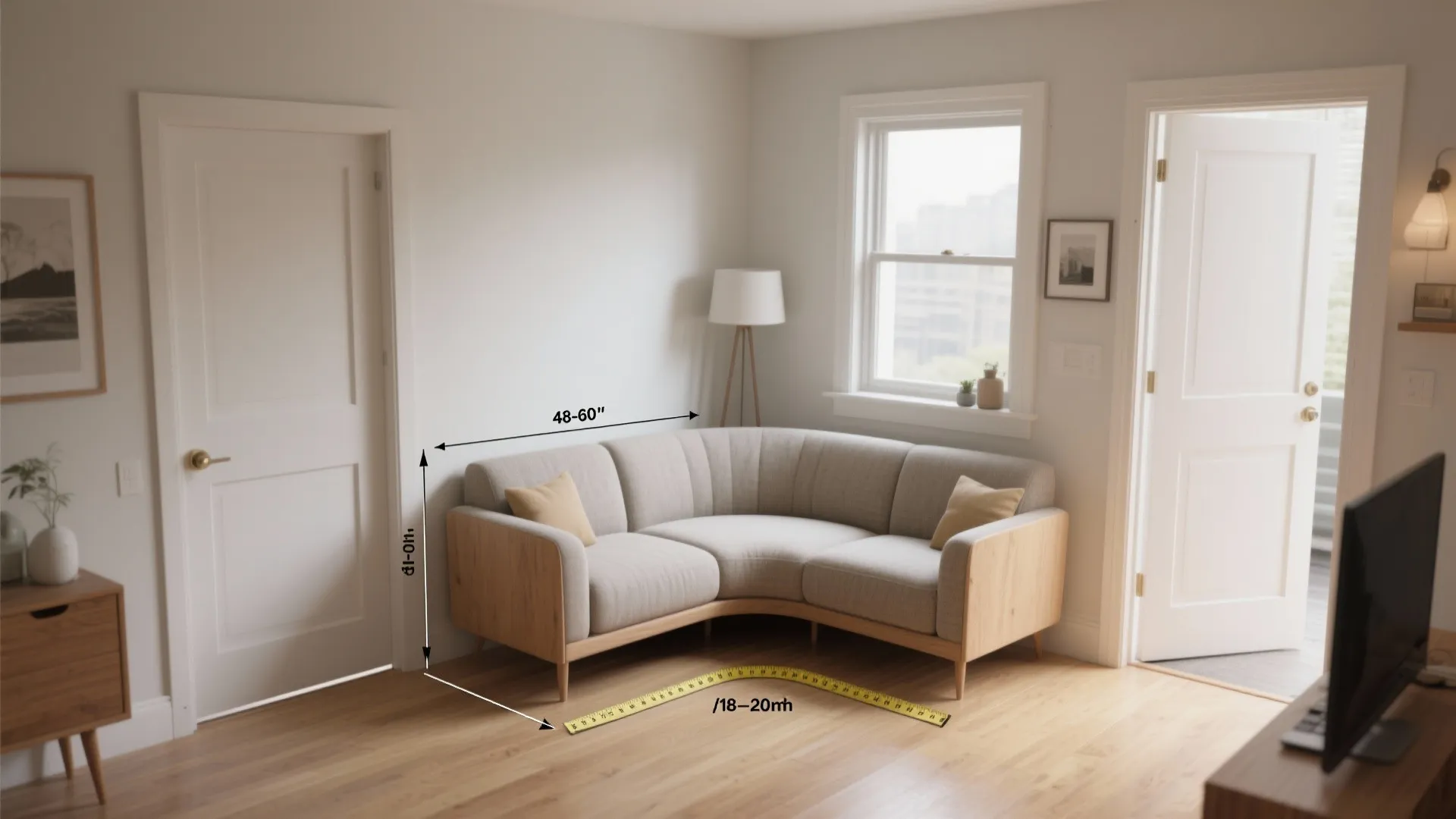 Small living room layout showing sofa dimensions with measurement lines and tape on wooden floor