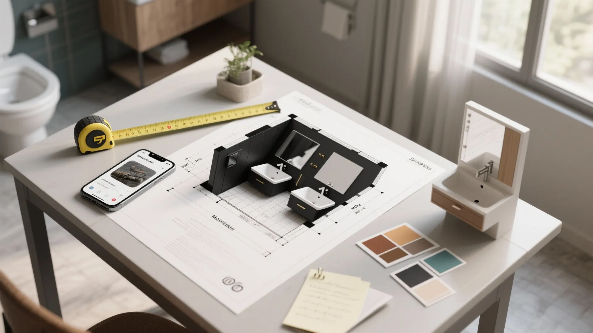 Table with interior design drawing tape measure and small model of a black bathroom sink