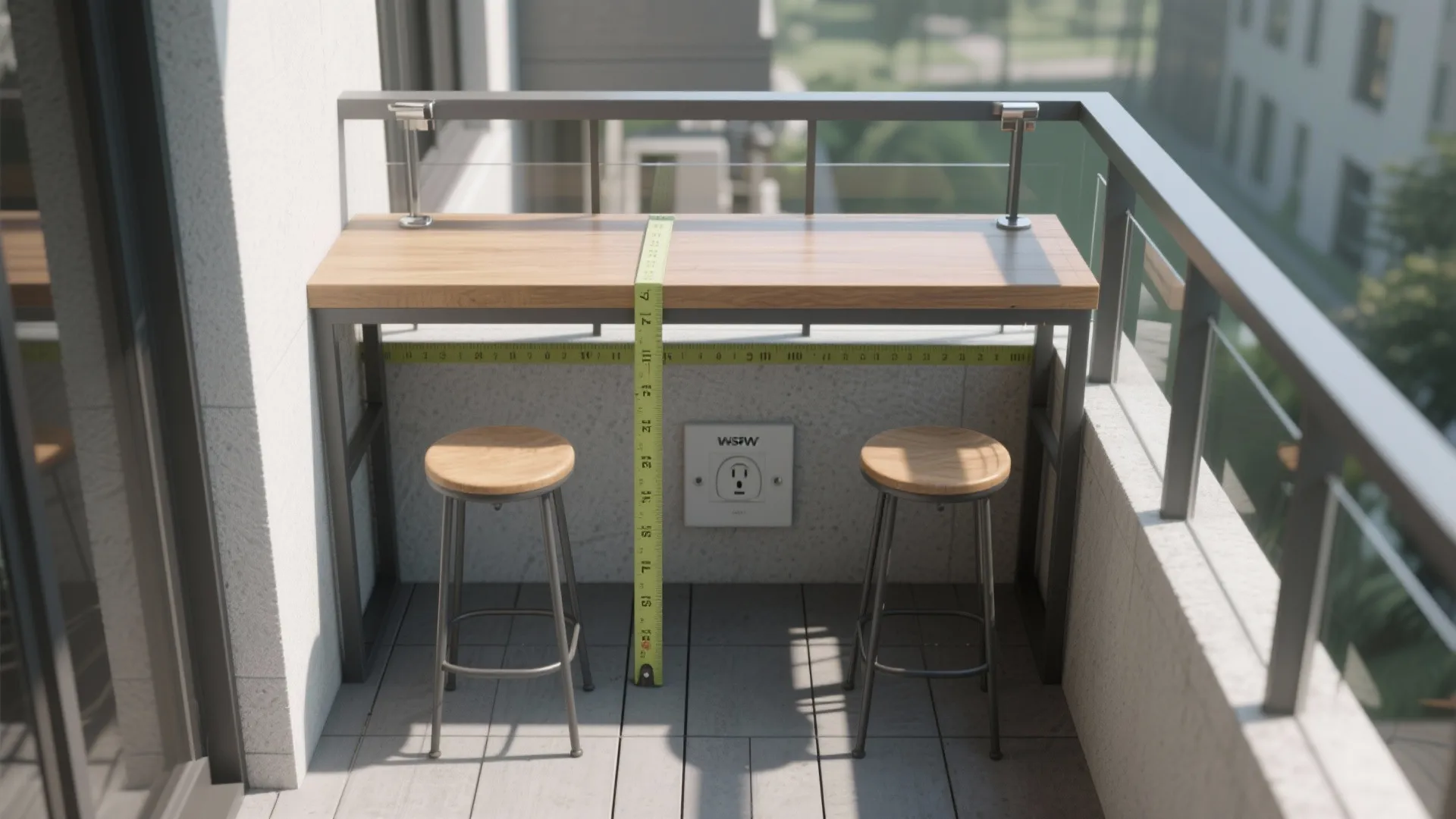 Wooden balcony bar table being measured with a yellow tape measure and two metal stools