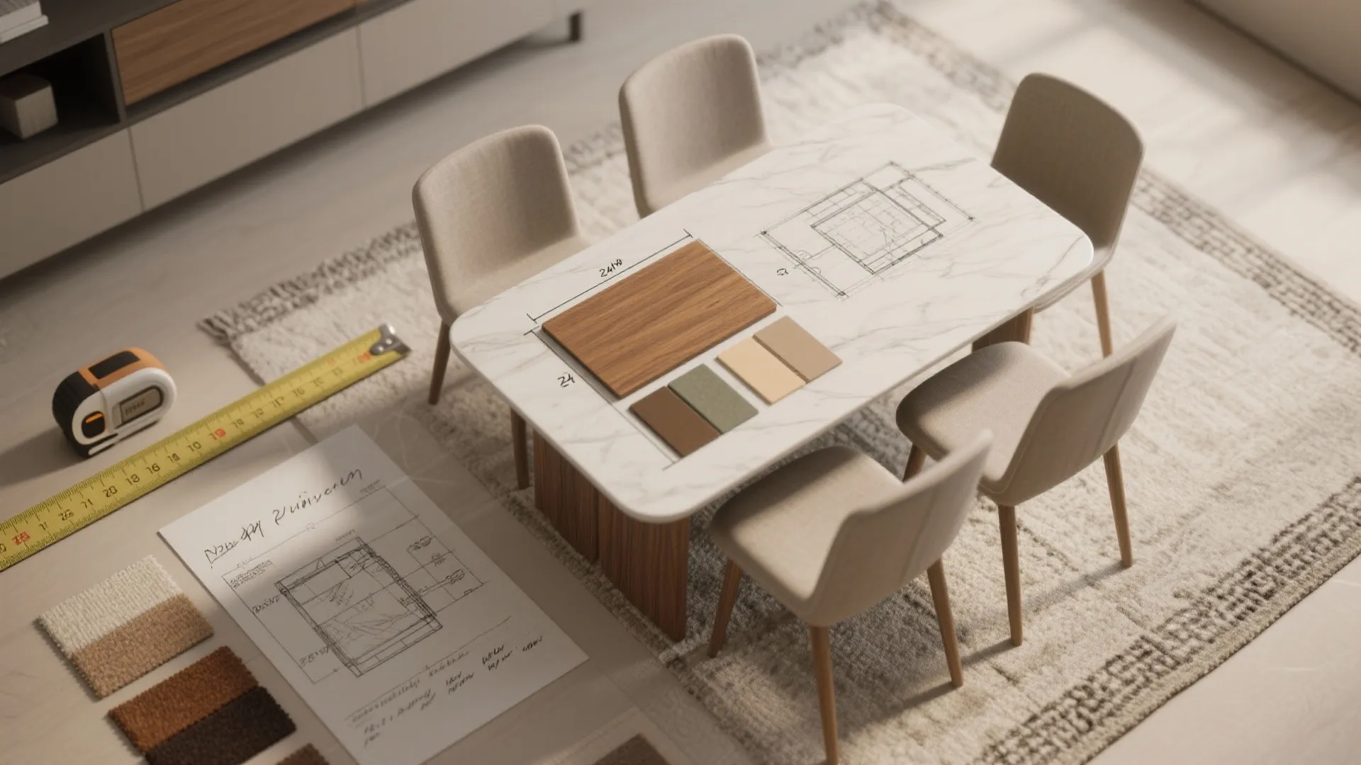 Top-down flatlay of rug swatches, tape measure, and tabletop samples for planning a small rectangle dining area.