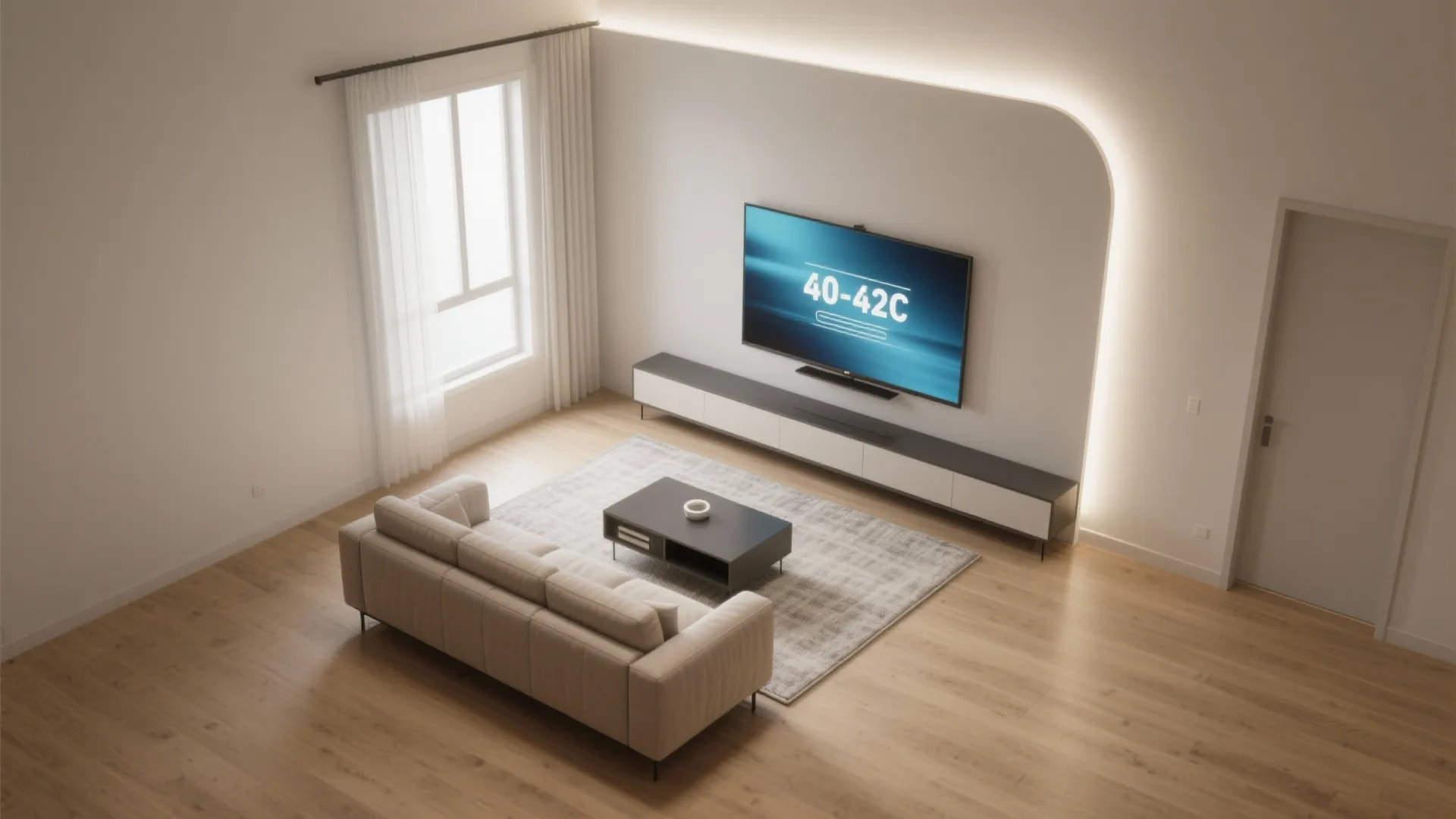Spacious living room layout with grey sofa coffee table cabinet and tv on white wall