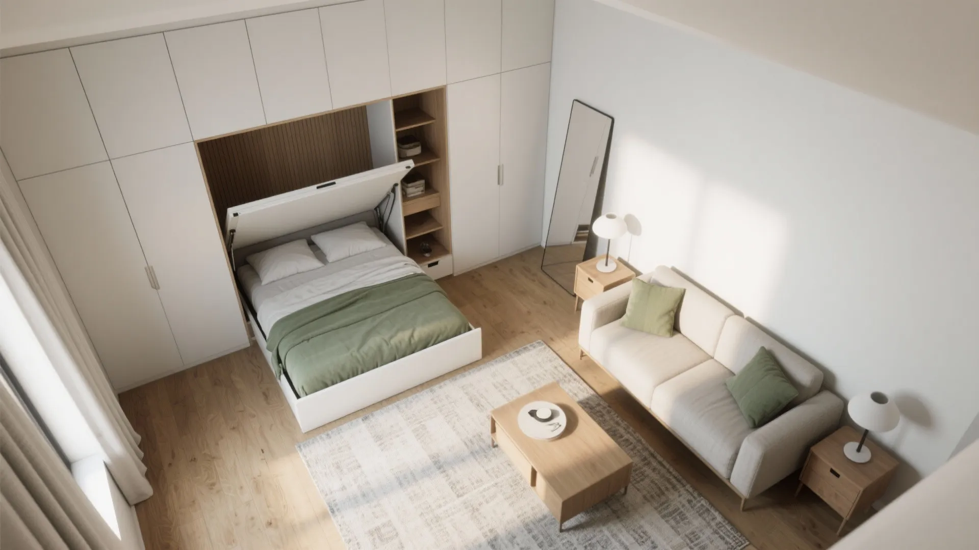 High angle view of a small studio apartment with sofa rug and pull down bed