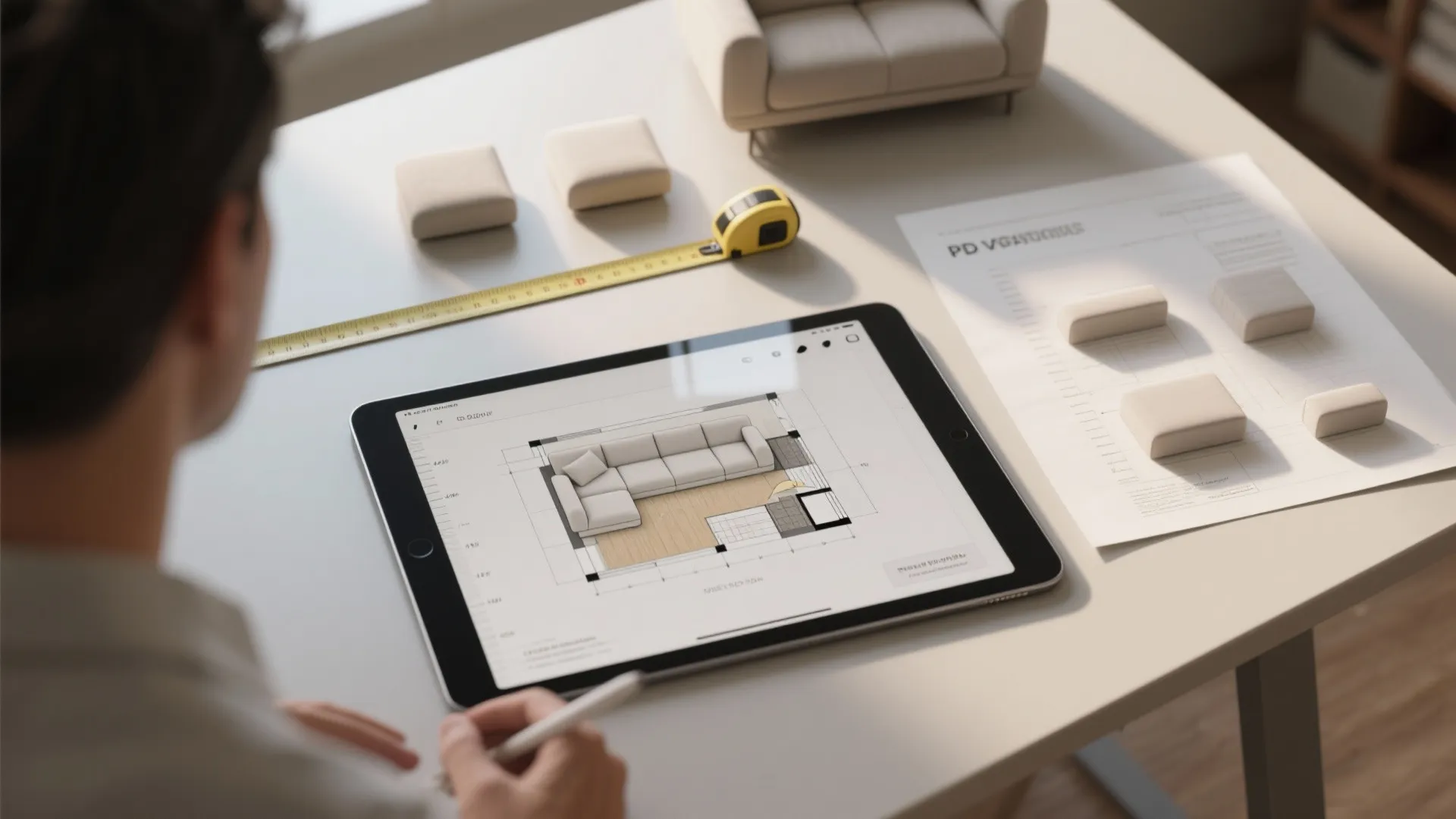 Top-down view of a tablet with a 3D mockup and a printed floorplan with tape and measuring tools for modular layouts.
