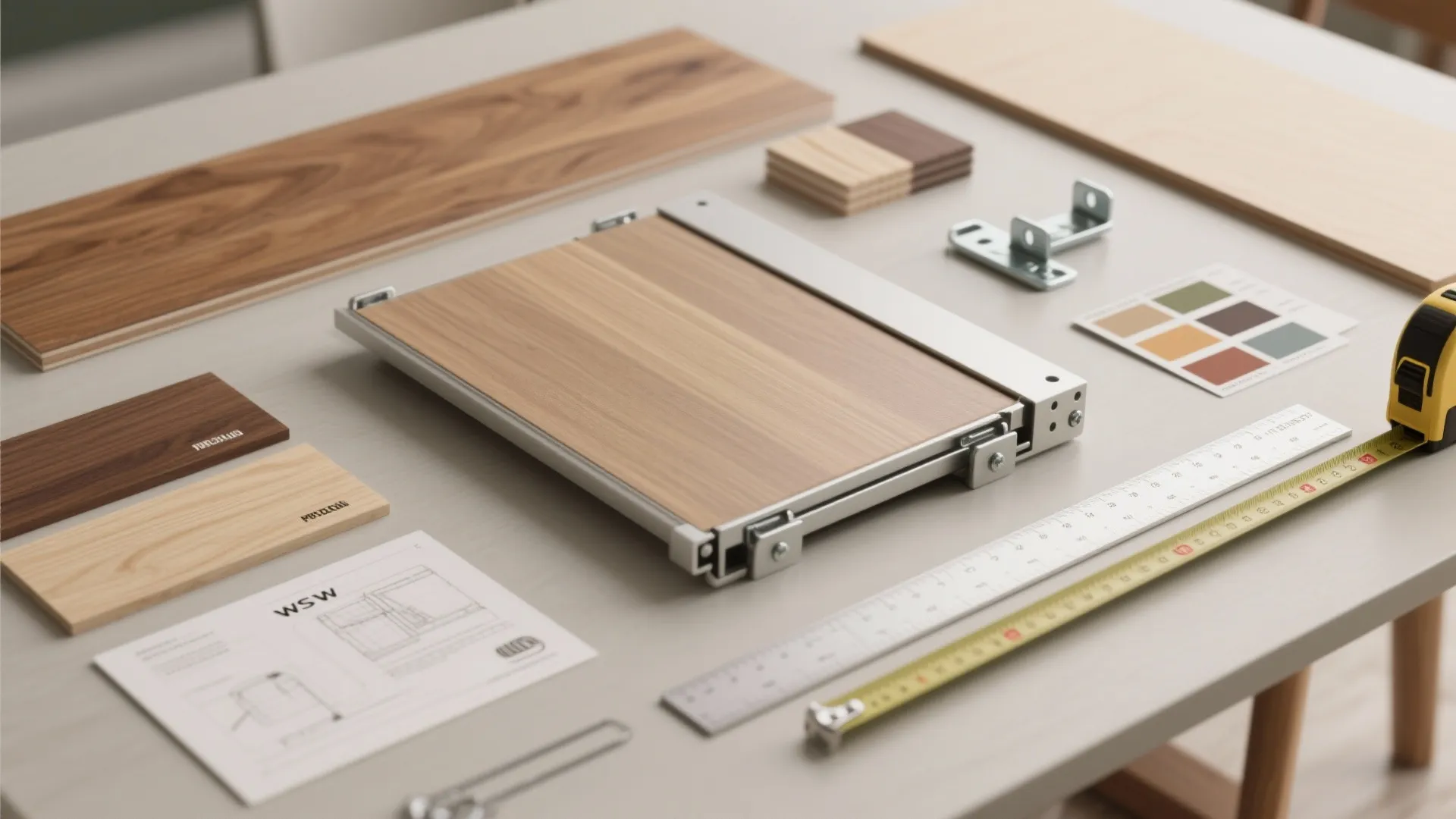 Wood samples with ruler and tape measure on table for interior design drawing and planning