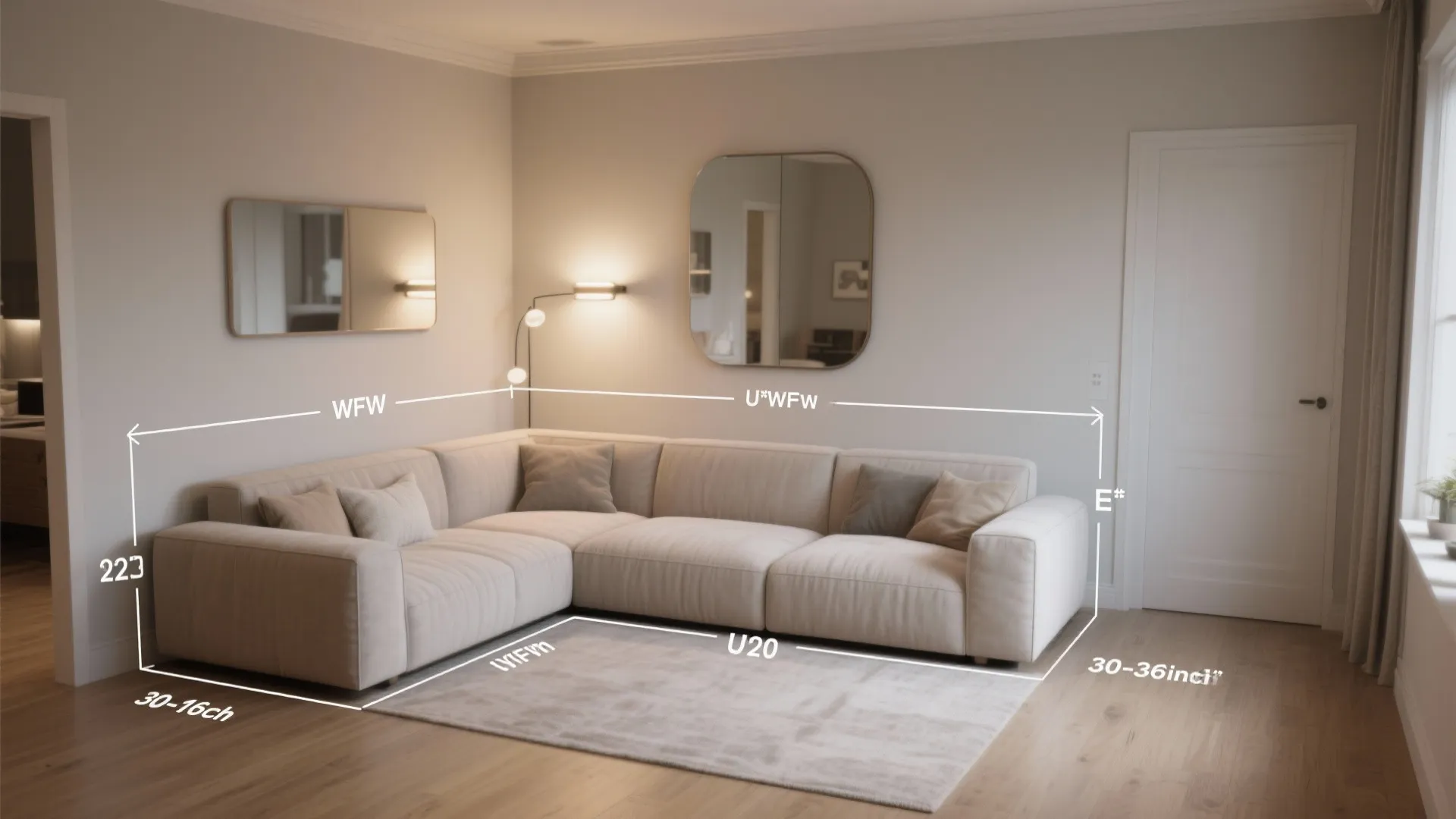 Interior design drawing of L-shaped sofa with measurement lines and mirrors on a white wall