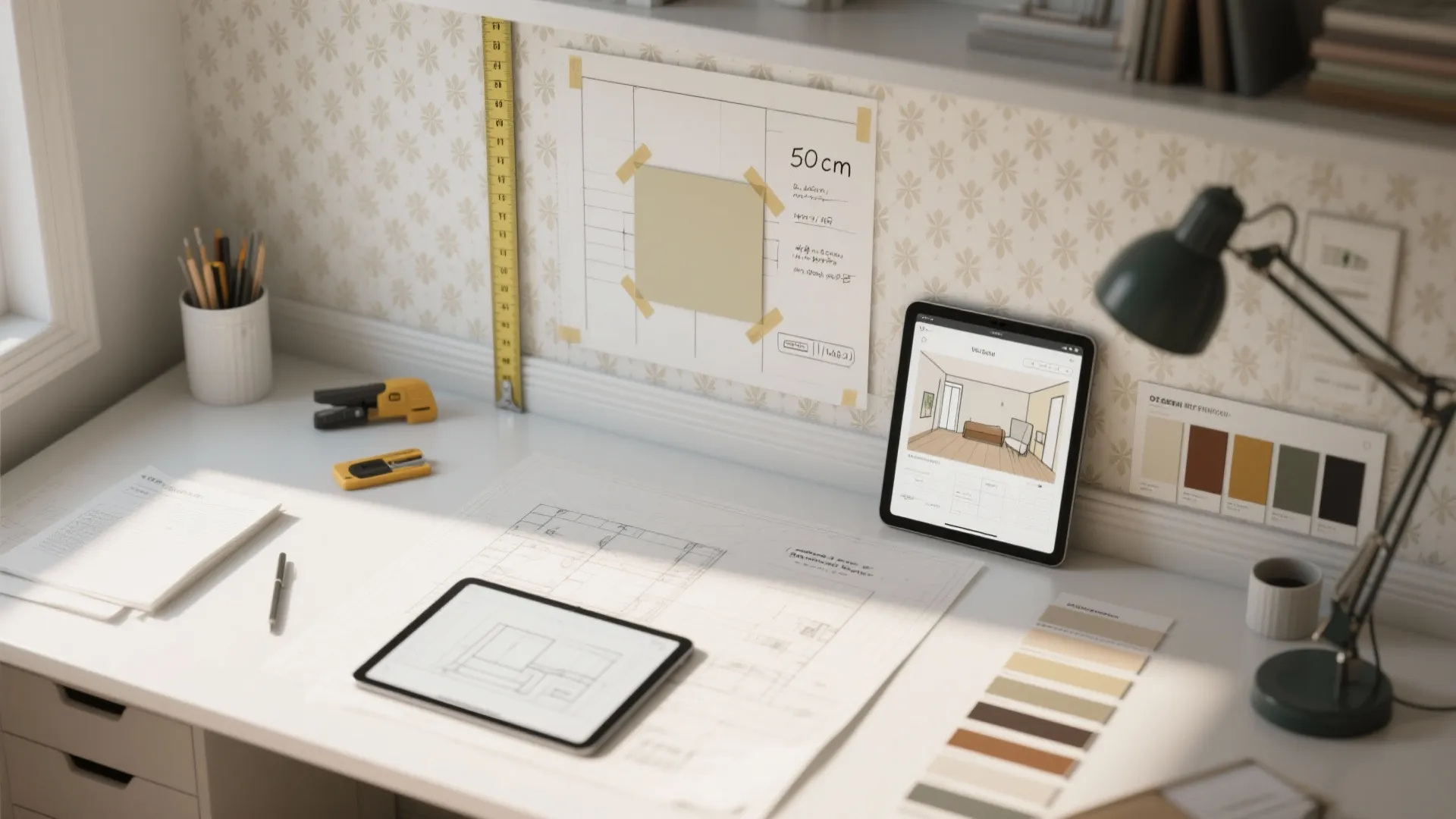 Designer desk with tablets showing interior design drawing, color palette, ruler, and green desk light
