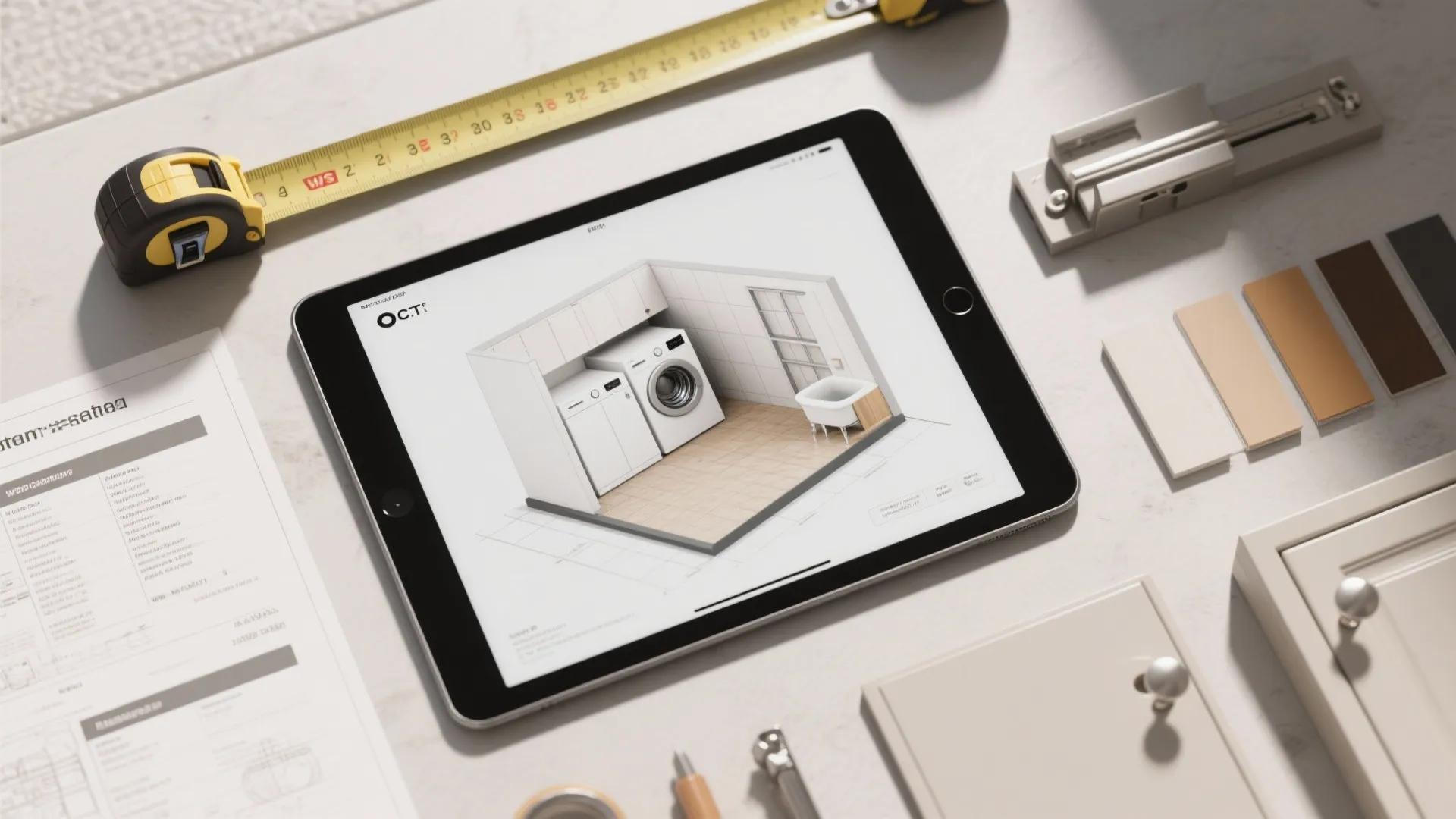 Top-down flatlay of tools for planning a compact laundry layout: tablet mockup, tape measure, and spec sheets.