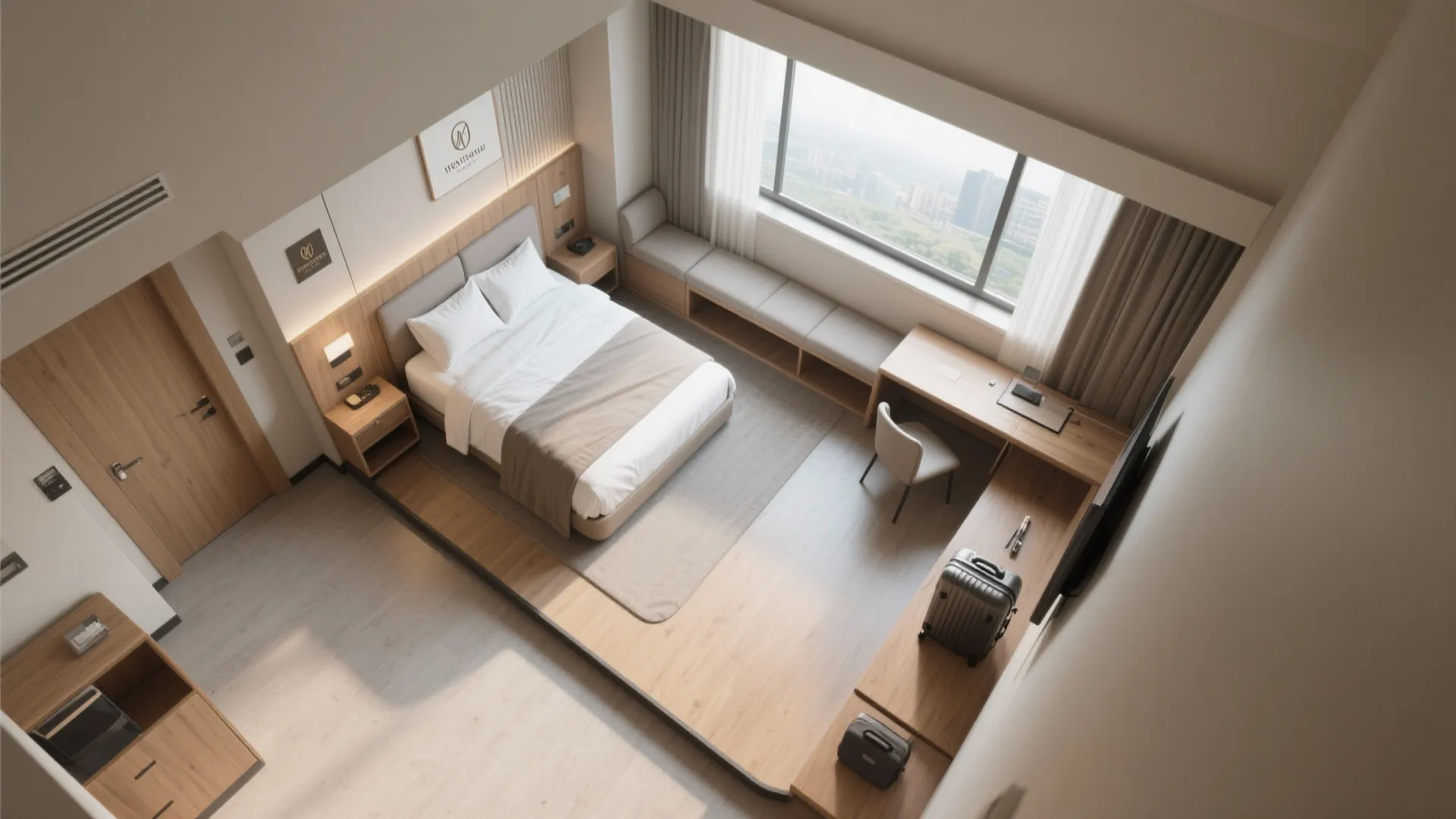 Interior design drawing showing hotel room with wood floor, large window, desk, and raised bed