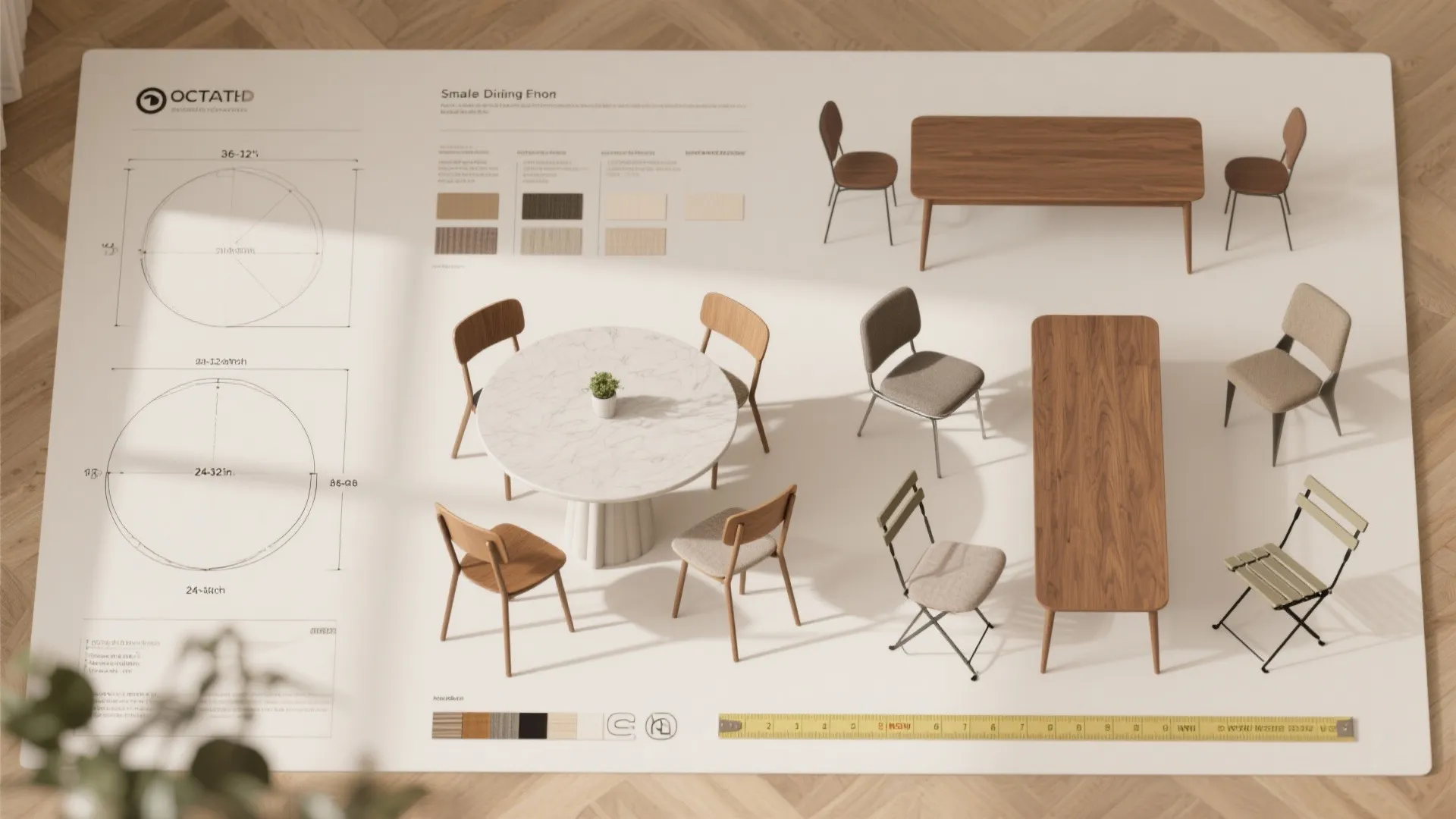 Flatlay moodboard showing dining table sizes, chair types, and material swatches for small-space planning.