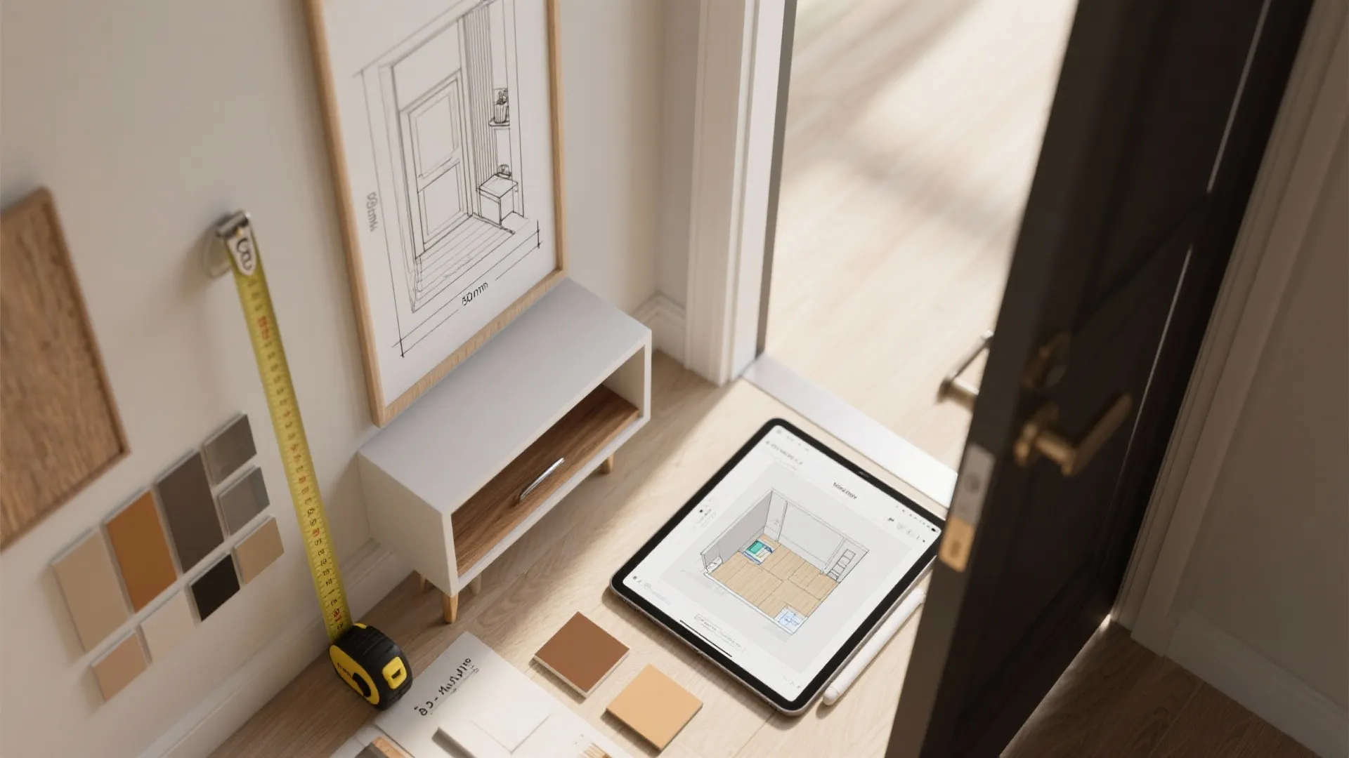 Interior design drawing on tablet next to measuring tape and color swatches in small hallway