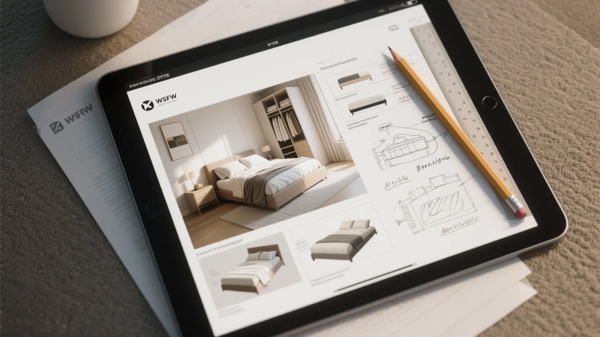 Top-down image of a tablet and sketches showing compact bedroom mockups, layout notes and circulation measurements for FAQ guidance.