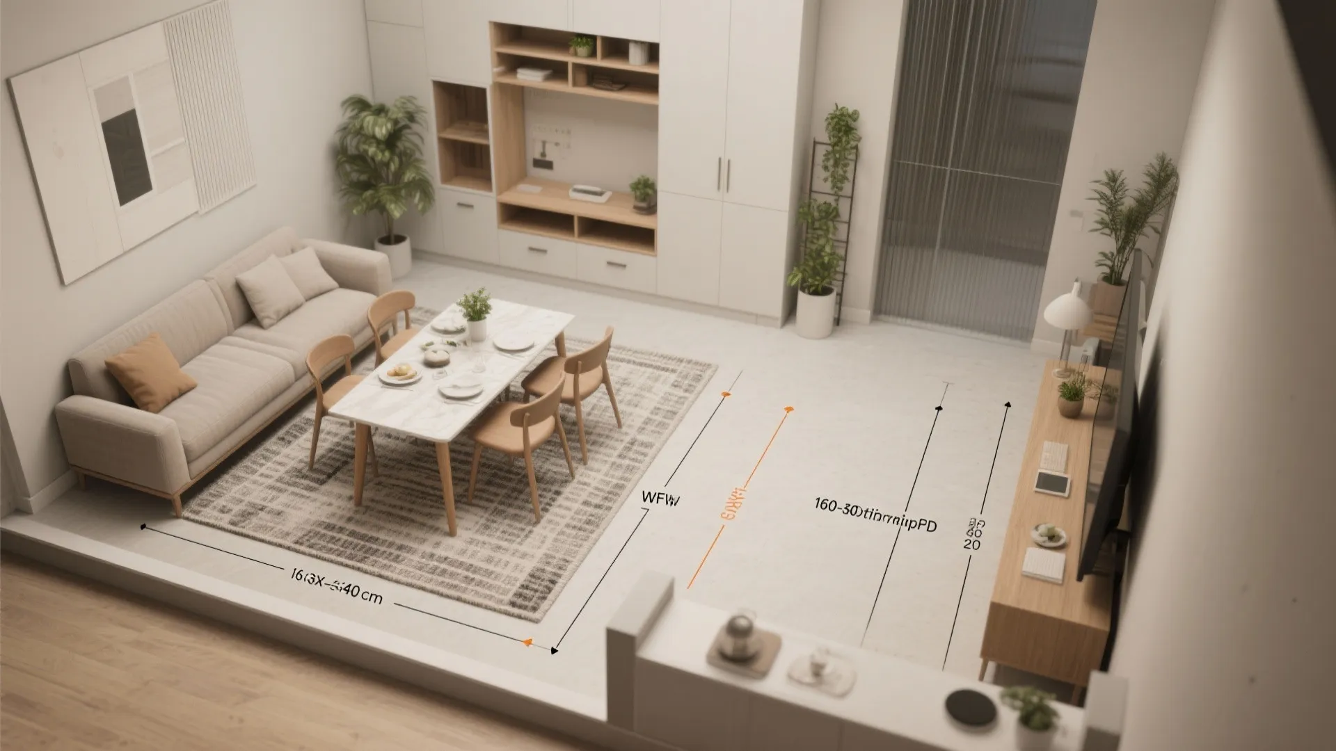 Interior design drawing showing room layout dimensions for a modern living area with sofa furniture