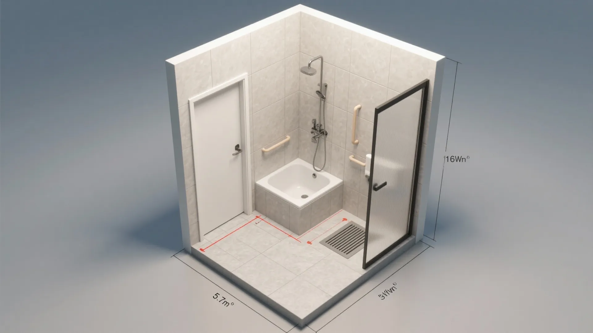 Three dimensional small bathroom layout drawing with white door bathtub shower and safety hand rails included