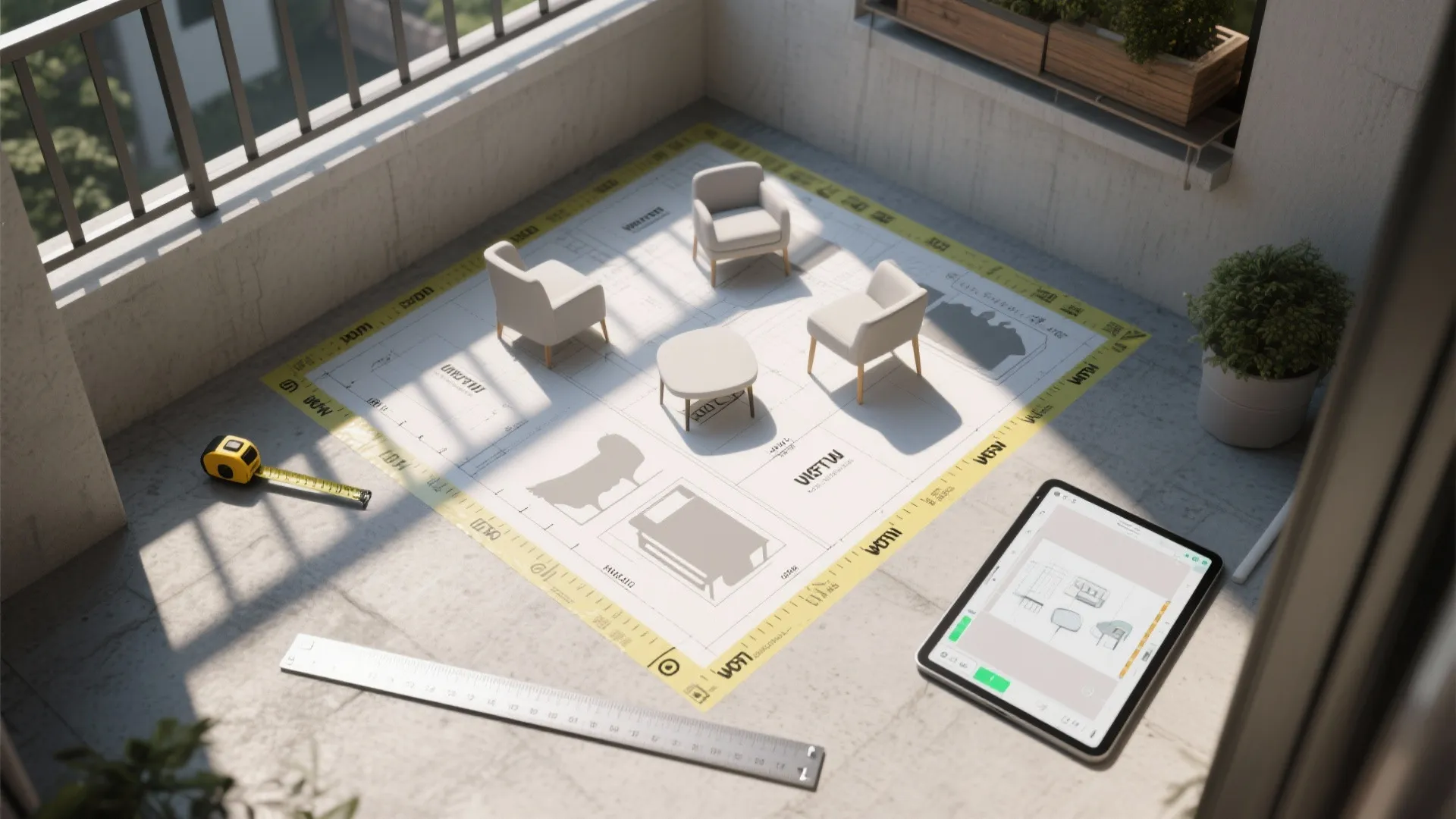 Interior design drawing on balcony floor with mini furniture models and a digital tablet display