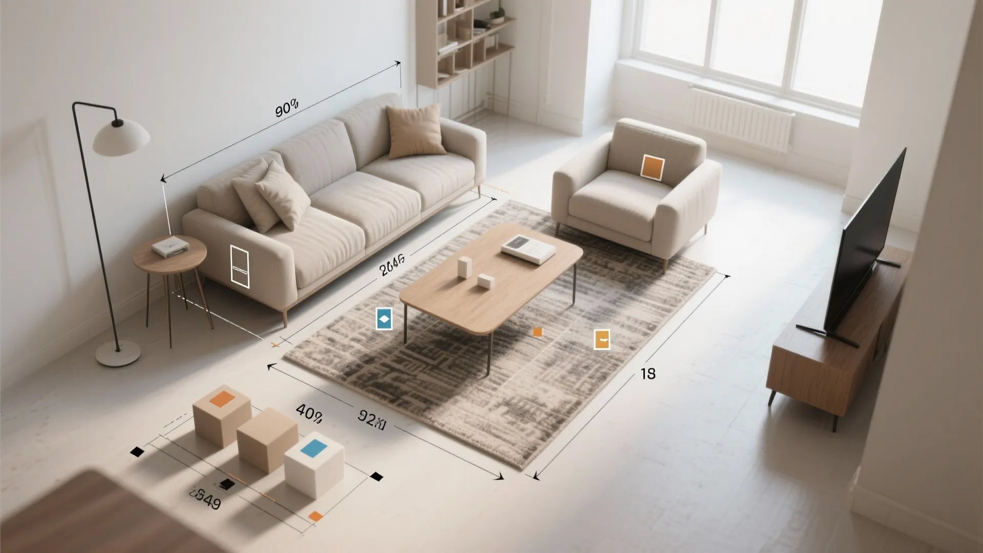 Living room layout showing measurements for sofa, coffee table, rug, and television on wood floor