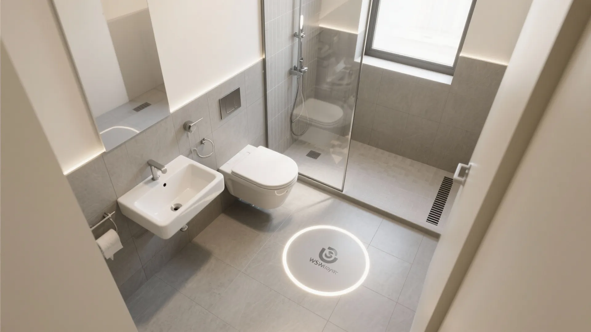 Top-down layout of compact accessible wet room with clearances and curbless shower.