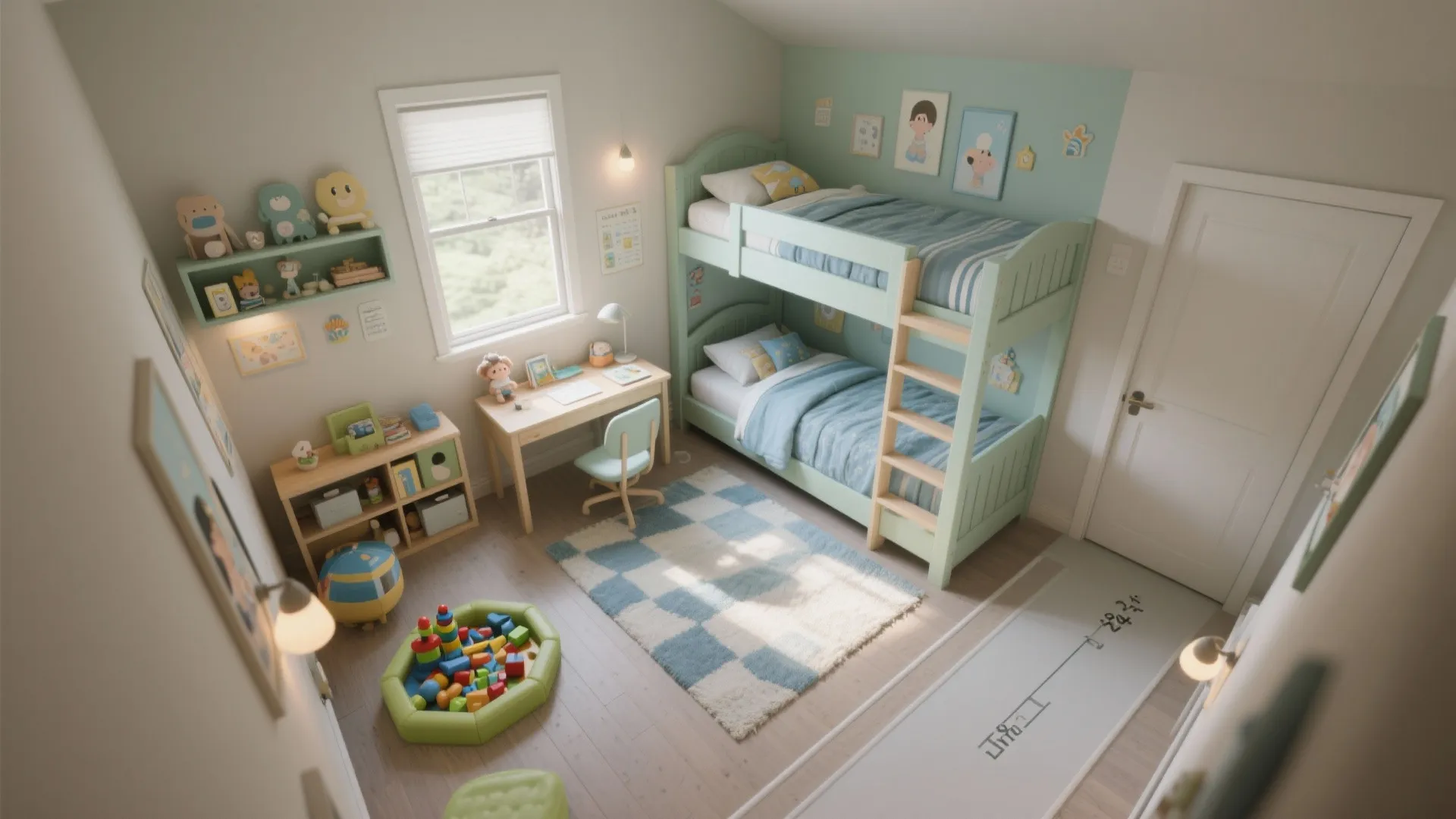 Top-down layout guide showing bed, desk by window, play area, and clear pathway in a small kids' room.
