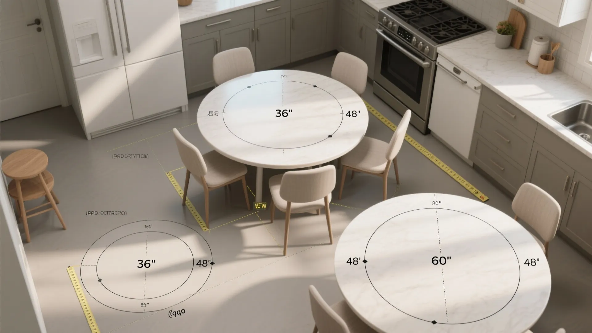 Interior design drawing showing different round dining table sizes and clearance measurements in a kitchen