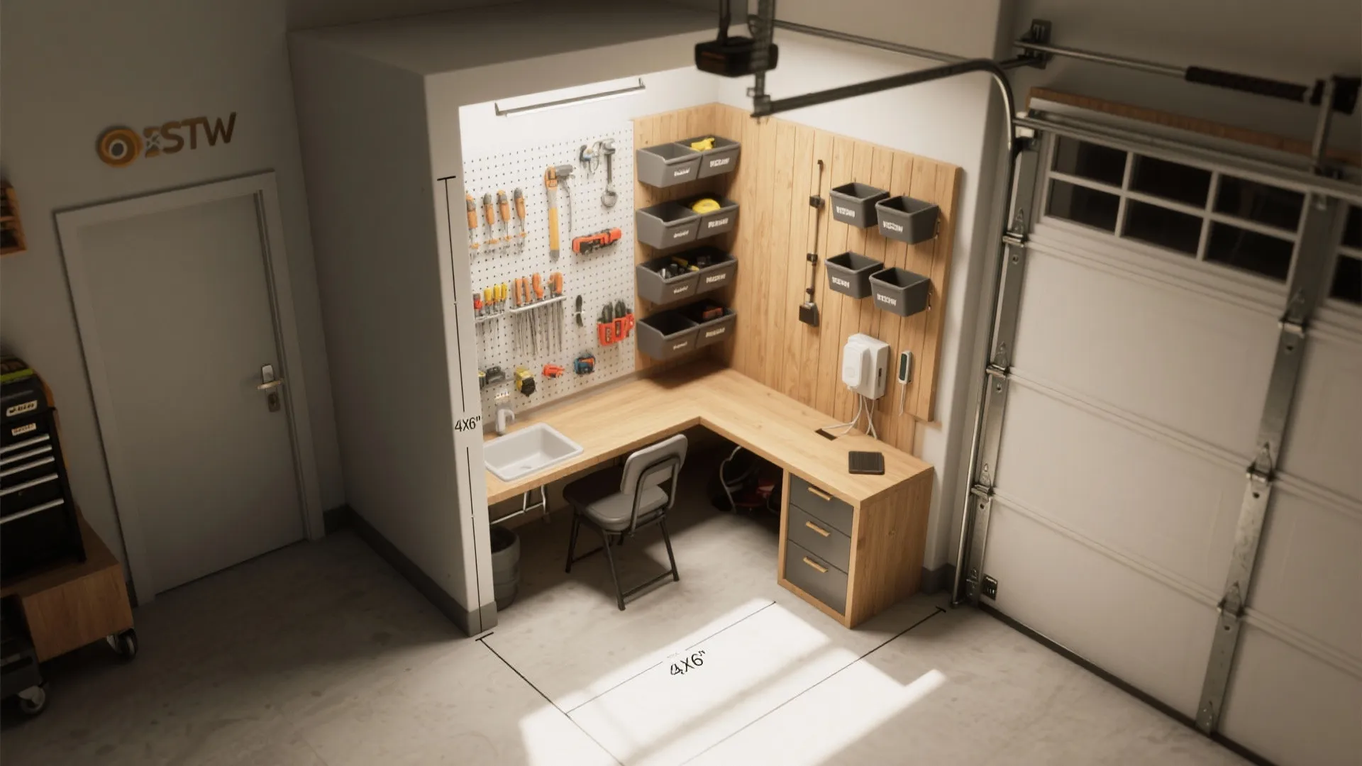 Top-down visualization of a compact 4x6 ft DIY nook showing fold-down bench, bins, tool wall and charging counter with clear circulation space.