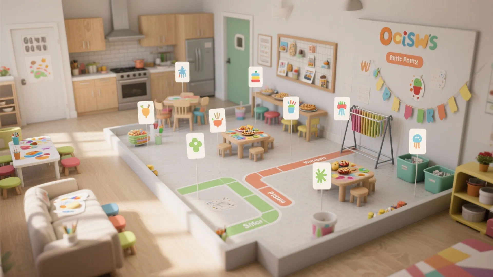 Spacious colorful classroom with play zones kitchen area small tables chairs and floating activity icons