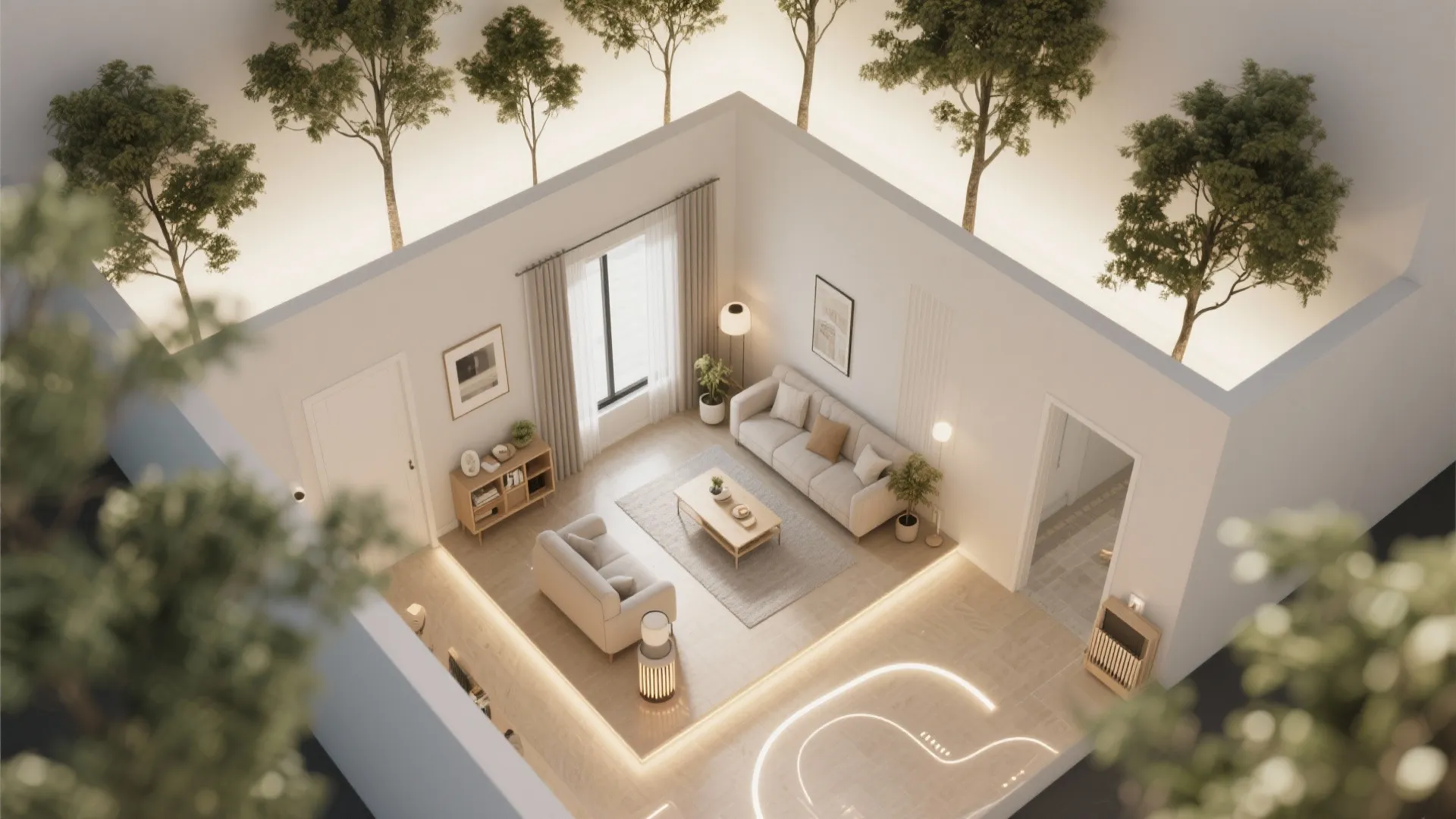 Modern living room layout with grey sofa wood coffee table cabinet curtains and indoor green plants