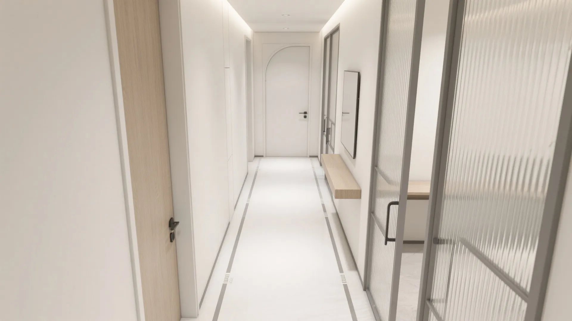 Top-down plan of hall partition wall design showing door swing paths and 900 mm clear width for comfortable passage.